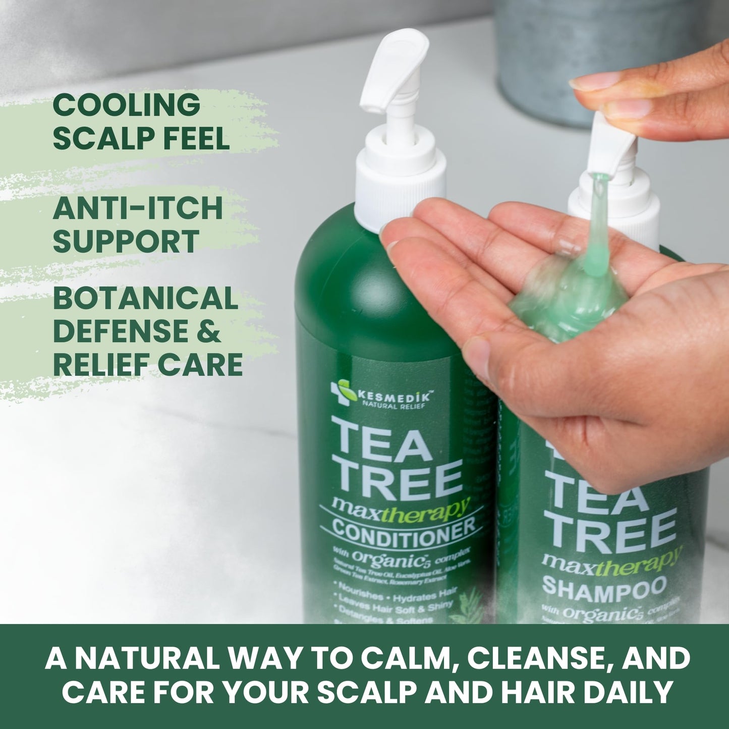 KESMEDIK Tea Tree Shampoo and Conditioner Set MaxTherapy with 100% Tea Tree Oil for Hair, Helps Refresh Itchy Scalp, Deep Clean Oily Hair, Dandruff & Buildup, Sulfate-Free, Women & Men, 16 fl oz Each