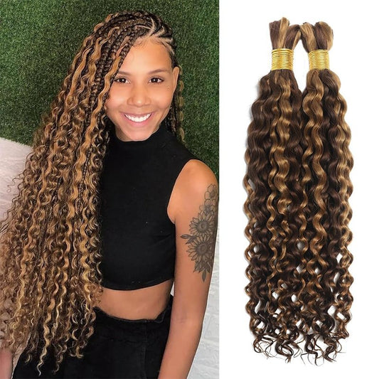 Human Braiding Hair for Boho Knotless Braids Bulk Curly Bundles Human Hair for Micro Braiding Wet and Wavy Water Wave No Weft Human Hair Extension for Box Boho Braids with 4/27# 18inch