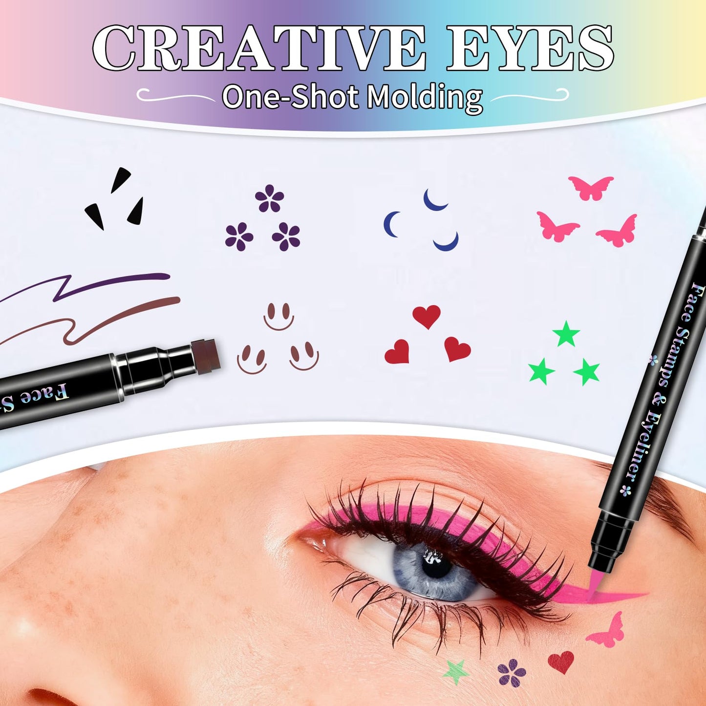 7Pcs Colored Liquid Eyeliner Stamp Pen Double-sided Face Stamps Set Green Red Pink Blue Purple Brown Black Eyeliner, Star Heart Butterfly Moon Flowers Smiley Triangle Stamp for Cosplay Eye Makeup