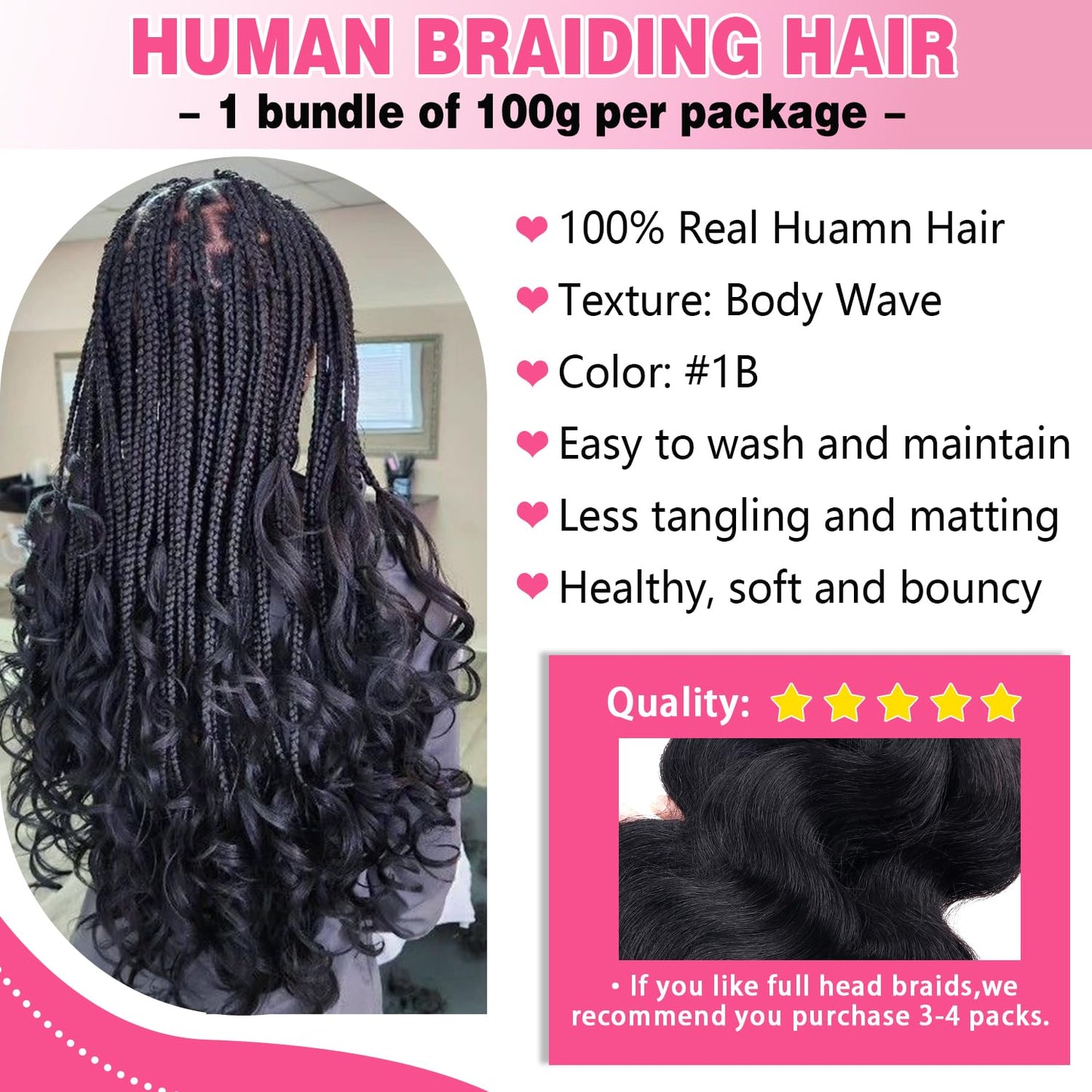 Human Braiding Hair - 100g Body Wave Curly Bulk 14 Inch Natural Black | 100% Unprocessed Brazilian Hair for Boho Braids