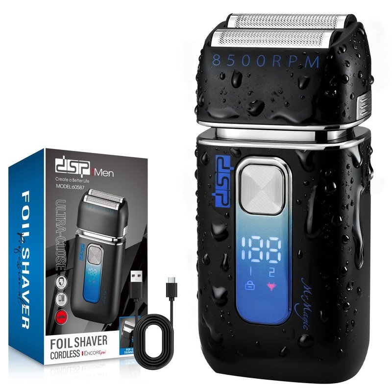 DSP Electric Shavers for Men, IPX6 Waterproof, Type-C, Rechargeable Shaver, 4-Blade Cutting System, Electric Foil Shaver, Travel Lock (Black)