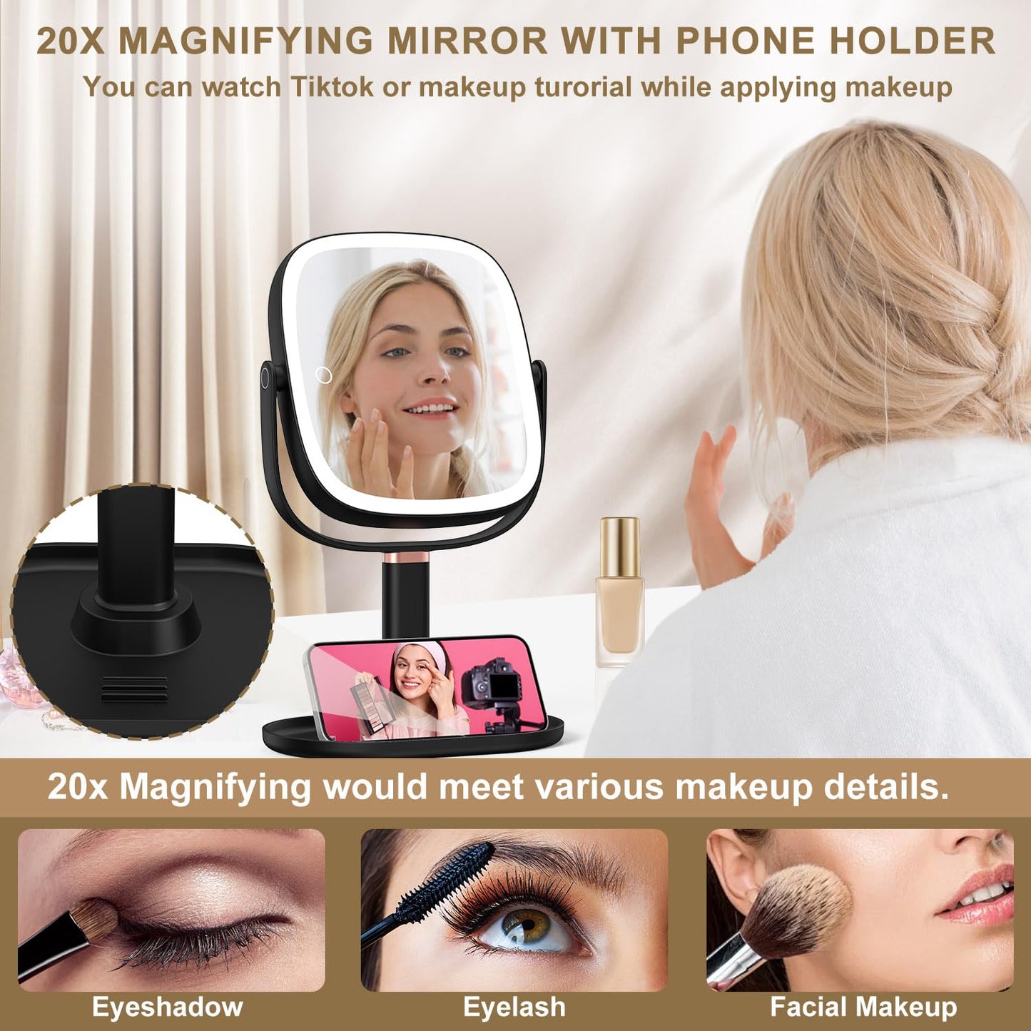 Mocado Makeup Mirror with Lights, 1X/20X Magnifying Mirror with Light