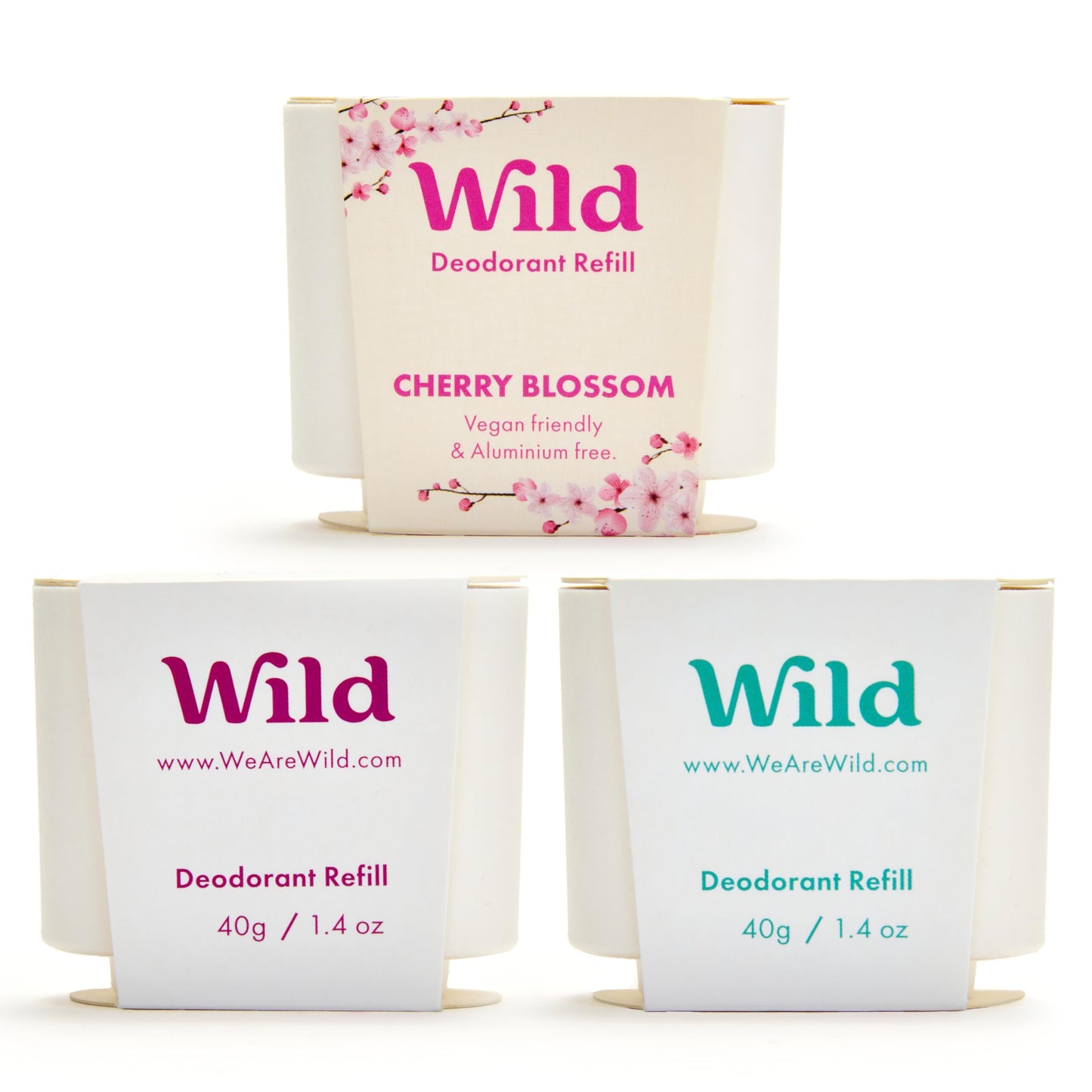 Wild Aluminum Free Refillable Deodorant Variety Pack for Men & Women - 98% Natural Ingredients - Includes Fresh Cotton & Sea Salt, Cherry Blossom, Coconut & Vanilla Scents - Long Lasting Protection