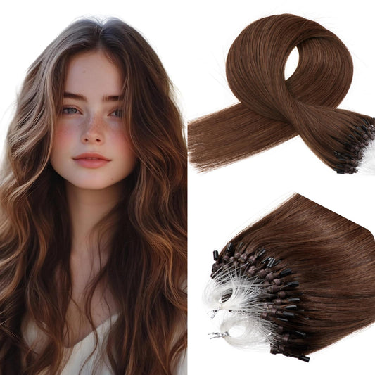 Micro Links Hair Extensions Human Hair 16 Inch Medium Brown Real Human Hair Extensions #4 Micro Links Hair 0.5g/s, 50g, Invisible Micro Bead Extensions