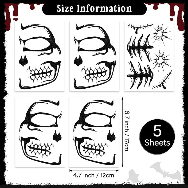 Halloween Face Tattoos Temporary Black Tattoo for Men and Women, Adult, Skeleton Mouth Tattoo Spider Web Face Sticker, Horror Zombie Witch Makeup Kit, Scary Halloween Face Decals 5 Sheets