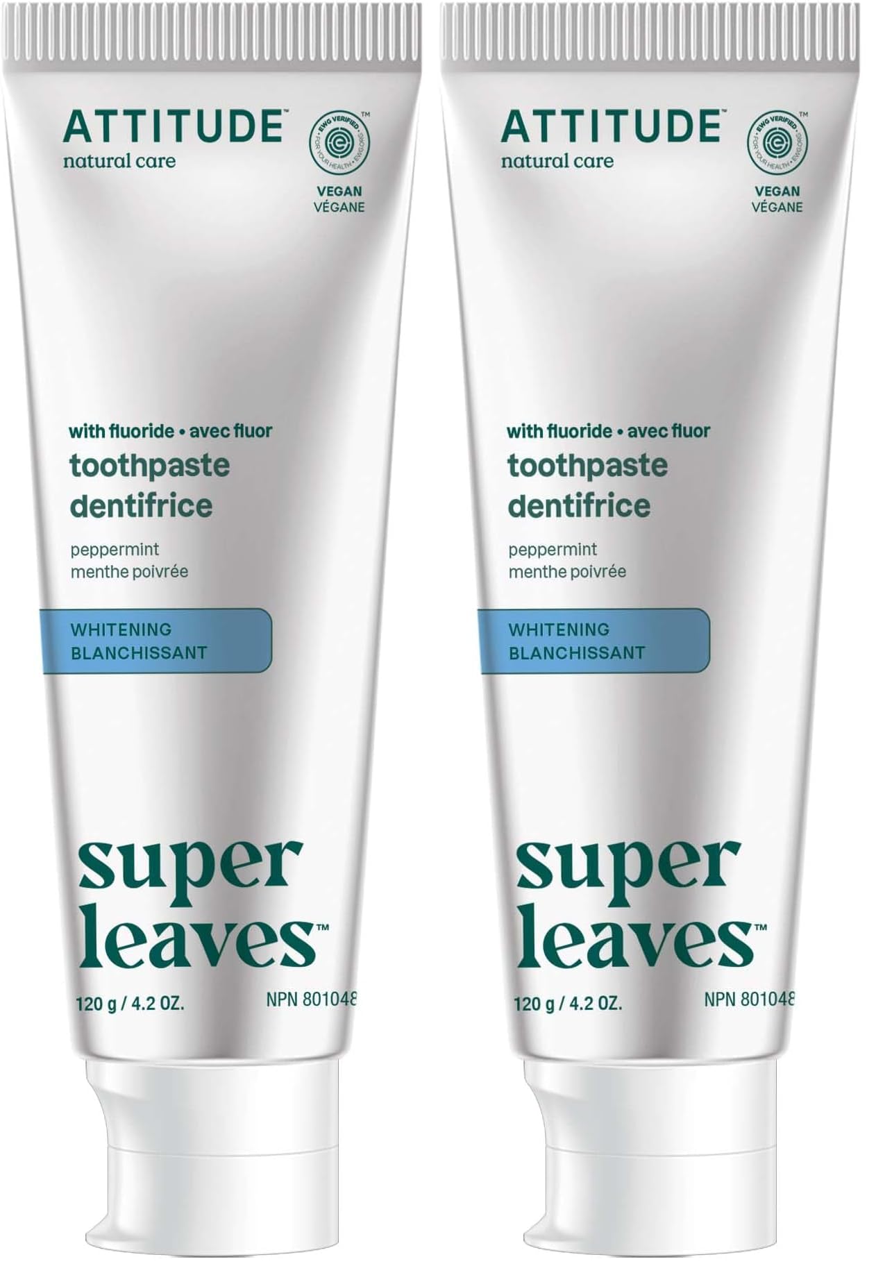 Attitude Whitening Toothpaste with Fluoride, Peppermint Flavor, Vegan & Cruelty-Free, Sugar-Free, Plant & Mineral-Based Ingredients, Clean Oral Care, 4.2 Oz (Pack of 2)