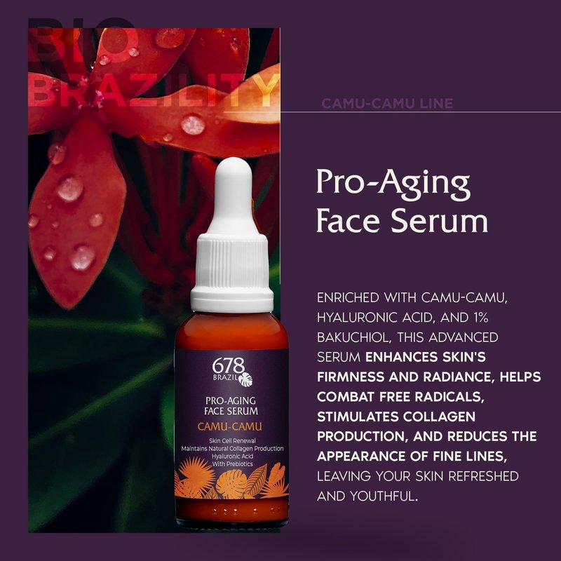 678Brazil Pro-Aging Face Serum - Daily Use - Reduces Fine Lines & Wrinkles - Firmer & More Radiant Skin - Camu-Camu, Hyaluronic Acid, 1% Bakuchiol, Vitamin C, Prebiotic, Niacinamide - 1.01 fl oz