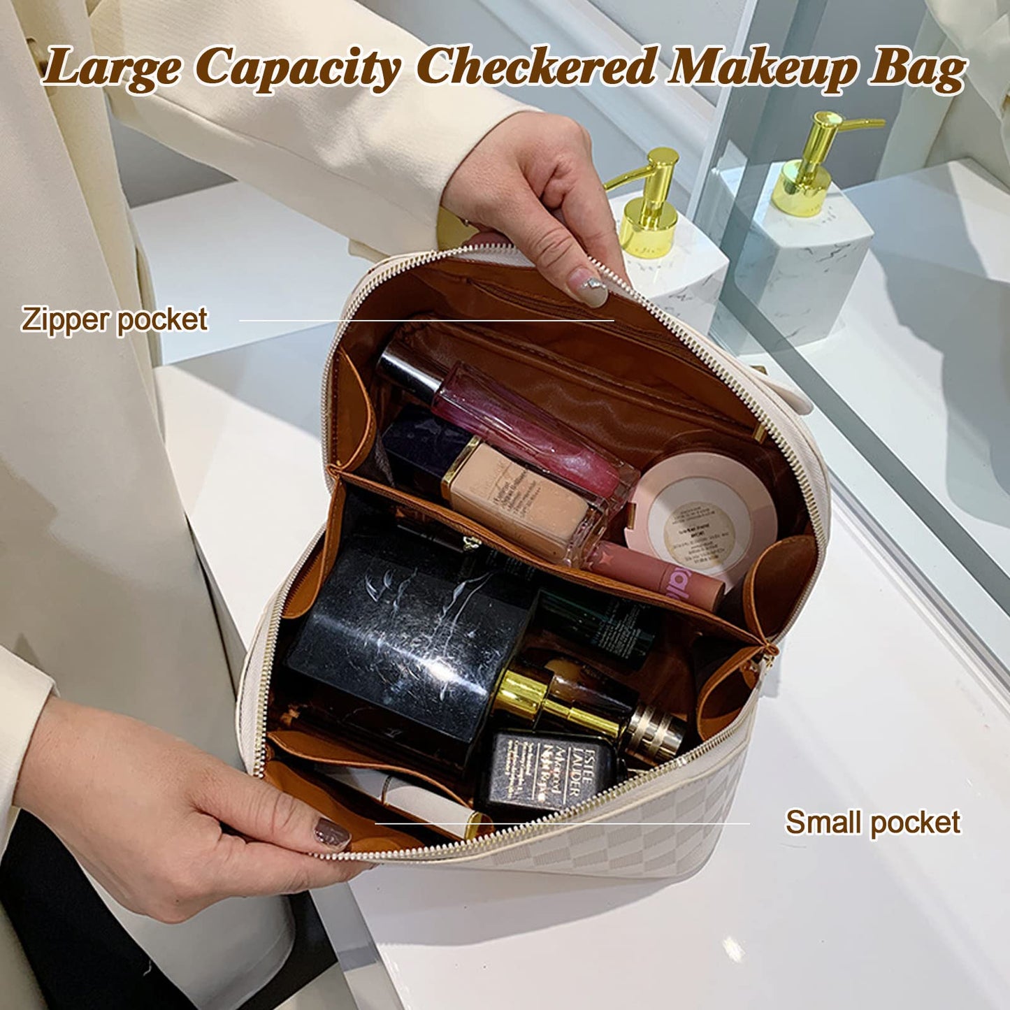 Ovenot Checkered Travel Cosmetic Bag - Multifunctional Waterproof Large-capacity Makeup Bag with Handle and Divider for Easy Access (White-Checkered)