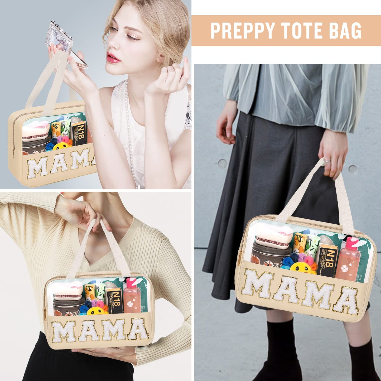 Preppy Clear Mama Makeup Bags with Chenille Letter Patches, Travel Essentials Large Clear Make up Bag Zipper Pouch with Handle, Waterproof Nylon Cosmetic Toiletry Storage Tote for Women (MAMA-Beige)