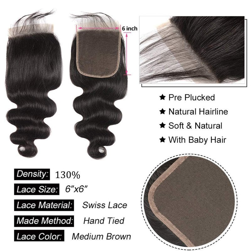 6X6 Closure Human Hair HD Transparent Lace Pre Plucked With Baby Hair Free Part Body Wave 6 By 6 Lace Closure Brazilian Virgin Remy Human Hair High Density Natural Black 14 Inch