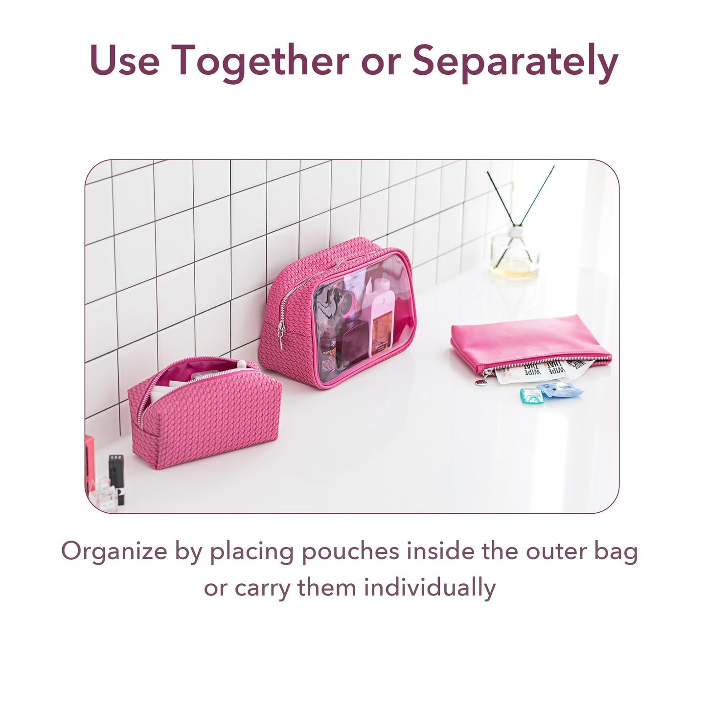 Sylune 3-in-1 Clear Toiletry Bag Set – Waterproof Travel Makeup Organizer with Textured Pouches, Transparent Cosmetic Case for Women (Pink)