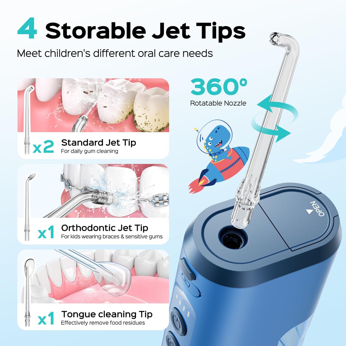 COSLUS T40 Portable Water Flosser for Kids: 4 Gentle Modes for Ages 6+, Braces & Sensitive Teeth - with Fun DIY Stickers, 4 Storable Nozzles, Mini Compact for Home School & Travel, BPA-Free, Blue