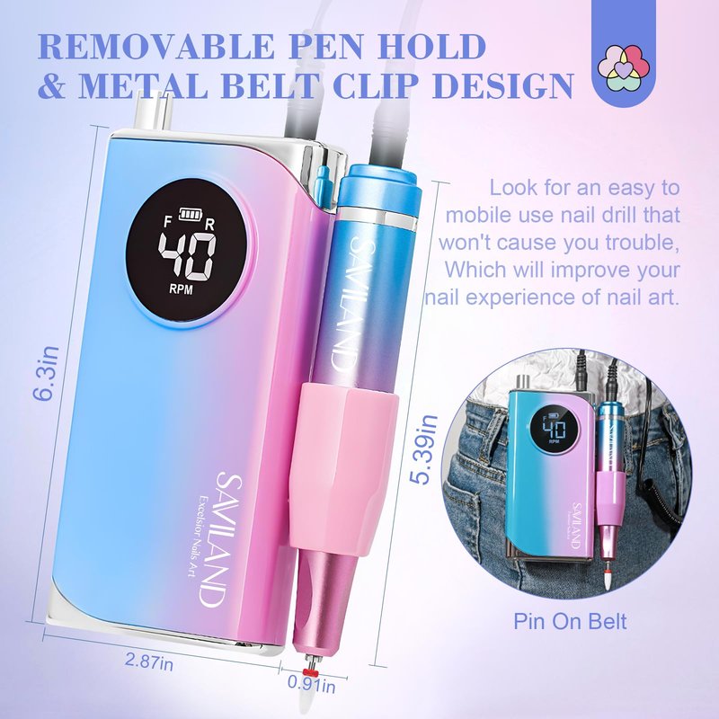 SAVILAND Electric Nail Drill 40000RPM Nail Drill Professional Machine with Nail Kit Portable Electric Nail File Electric for Nail Supplies Rechargeable Manicure Pedicure Salon Home