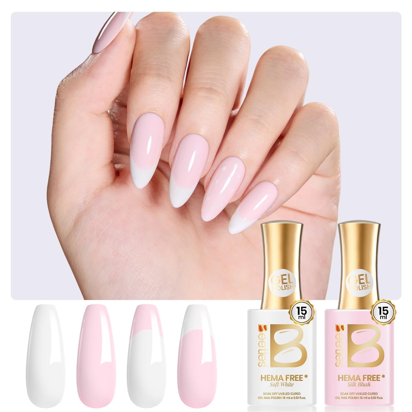 Beetles French Tip Gel Polish - Blush Moonlight, 2 Colors HEMA-Free Summer White Pink Gel Nail Polish Set 15ML with Styles Stickers, Same Color Bottle, Soak Off UV LED Nails