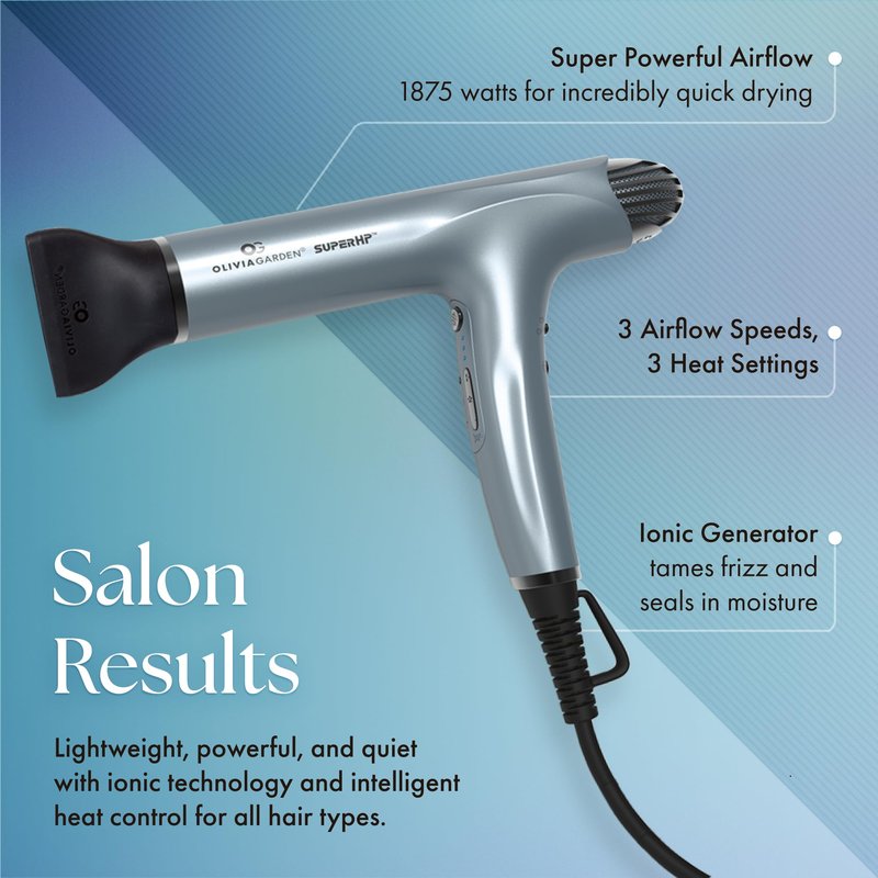 Olivia Garden 1875W SuperHP Professional Hair Dryer for All Hair Types - Quiet, Fast Drying Blow Dryer - Powerful Ionic Generator - 5 Attachments, Including 2 Comb and 1 Diffuser Attachments