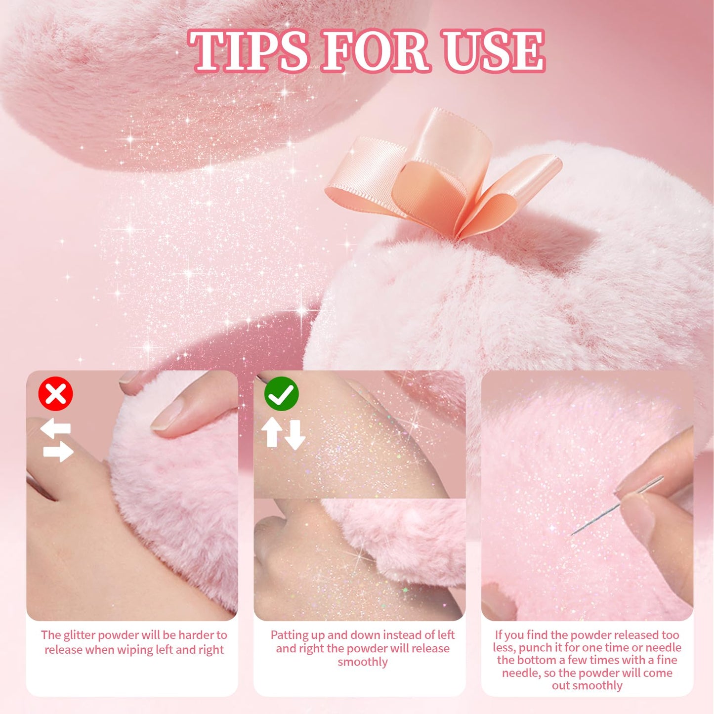 Noerrors Body Glitter Powder Puff Body Shimmer Powder Plush Peach Ball Loose Highlighter Patting High Gloss Shine Bright Illuminator Glossy Diamond Glow Sparkle Makeup for Body Face Hair