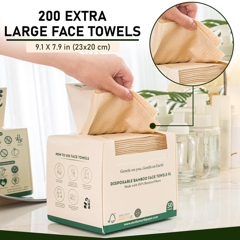MOTHER EARTH Bamboo Face Towels XL - Hypoallergenic and Disposable Face Wipes | Dry Makeup Removers | Made from Bamboo Viscose | Extra Soft for Sensitive Skin | 200 Towels
