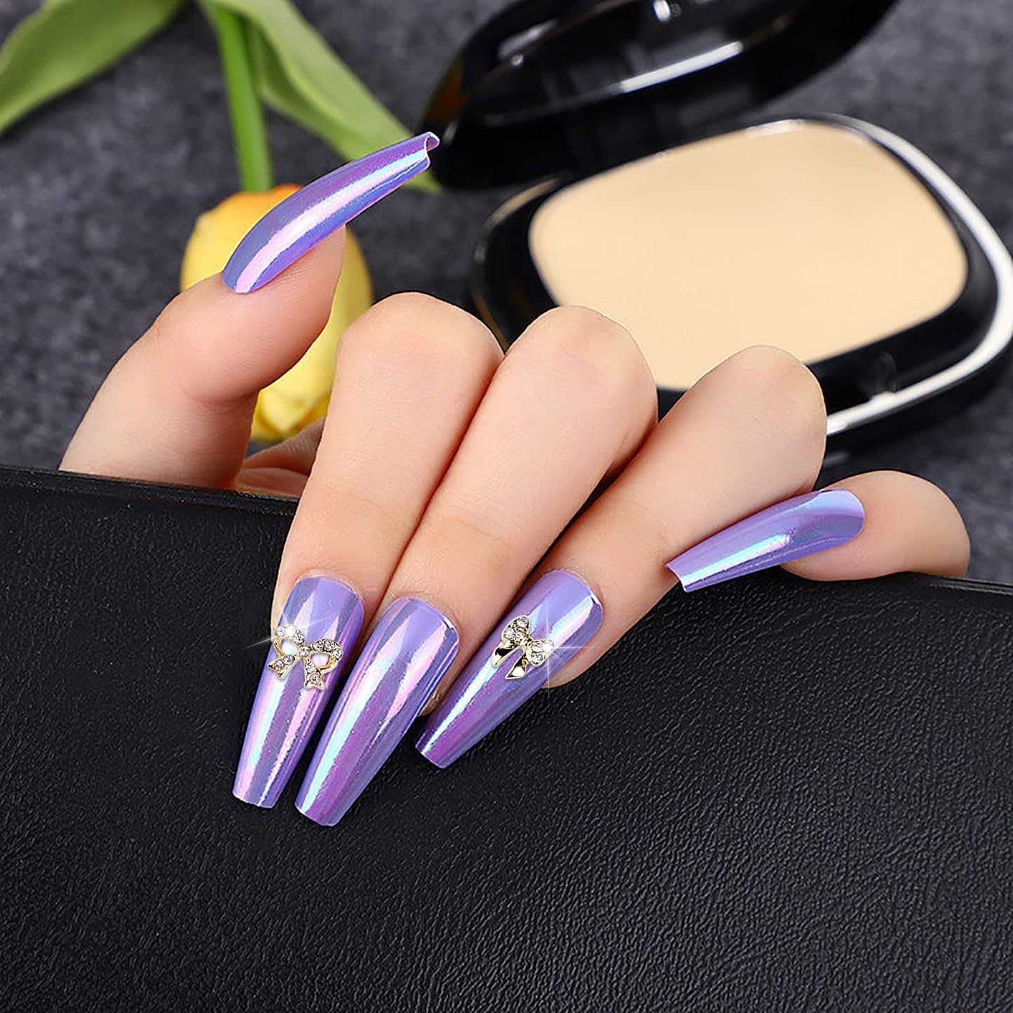 JERCLITY 33 Pieces Gold Alloy Bow Charms for Nails Bow Nail Charms Gems Bowknot Nail Studs Inlaid Pearl Clear Iridescent Rhinestone for Women Nail Art