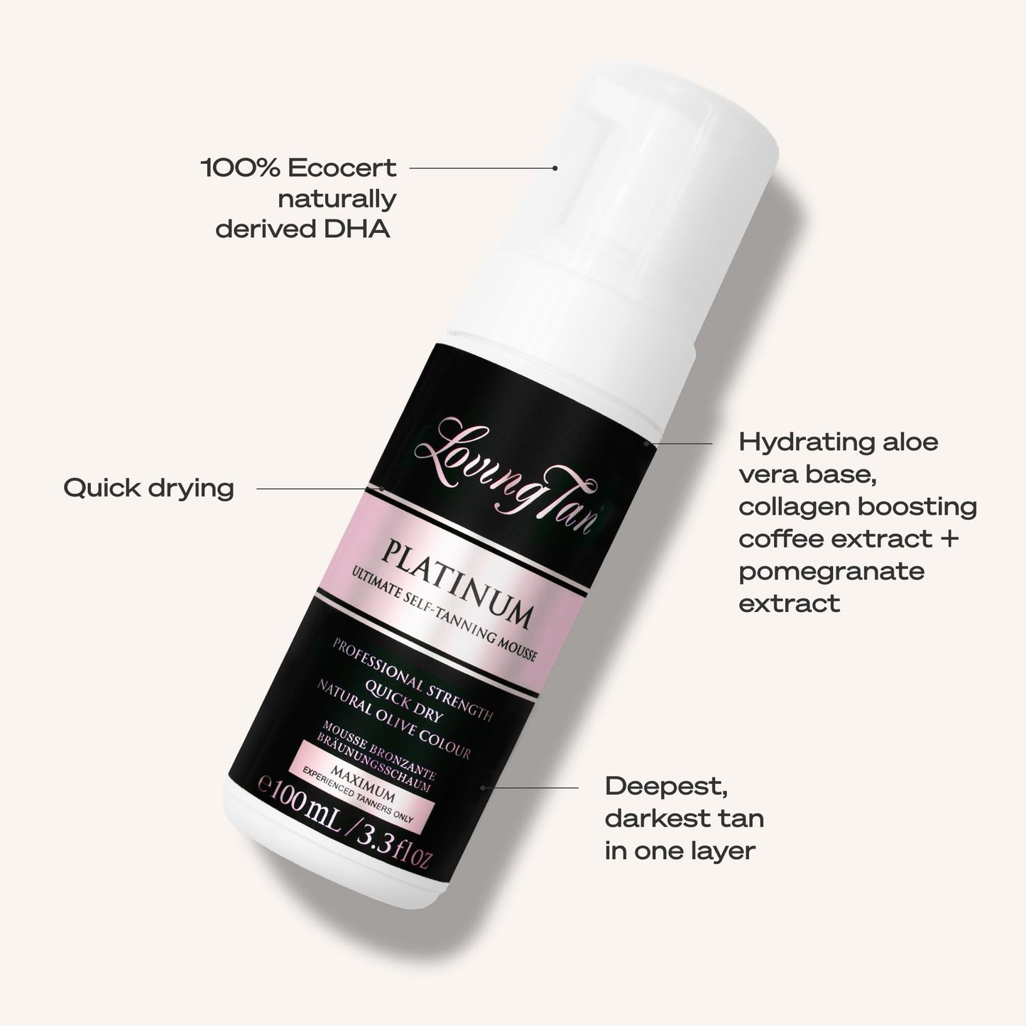 Loving Tan Platinum Self Tanning Mousse, Dark -Streak Free, Natural Looking, Professional Quality Self Tanner -5+ Self Tan Applications per Bottle, Naturally Derived DHA- 3.3 Fl Oz -Packaging May Vary