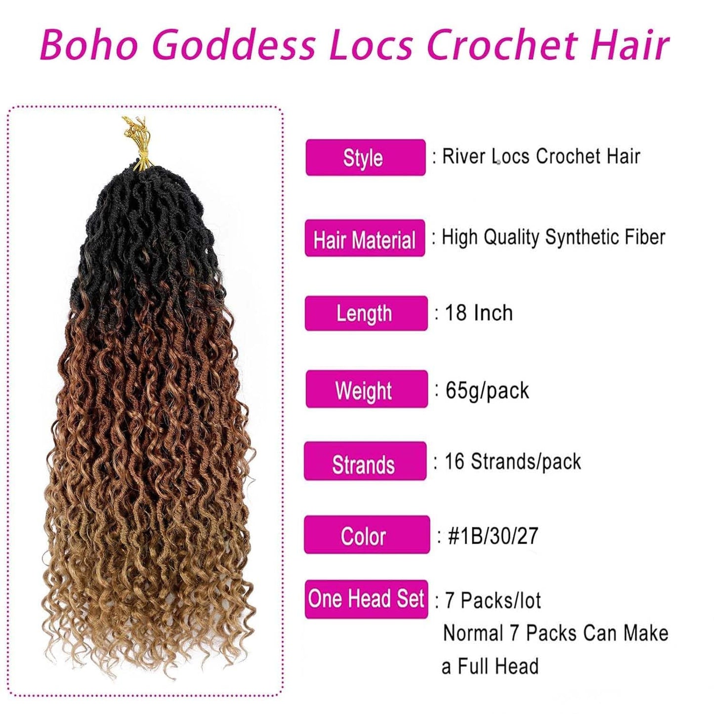 Goddess Locs Crochet Hair 18 Inch 7 Packs Ombre Brown Boho Faux Locs Crochet Hair for Black Women Pre Looped Crochet Locs with Curly Ends (1B/30/27)
