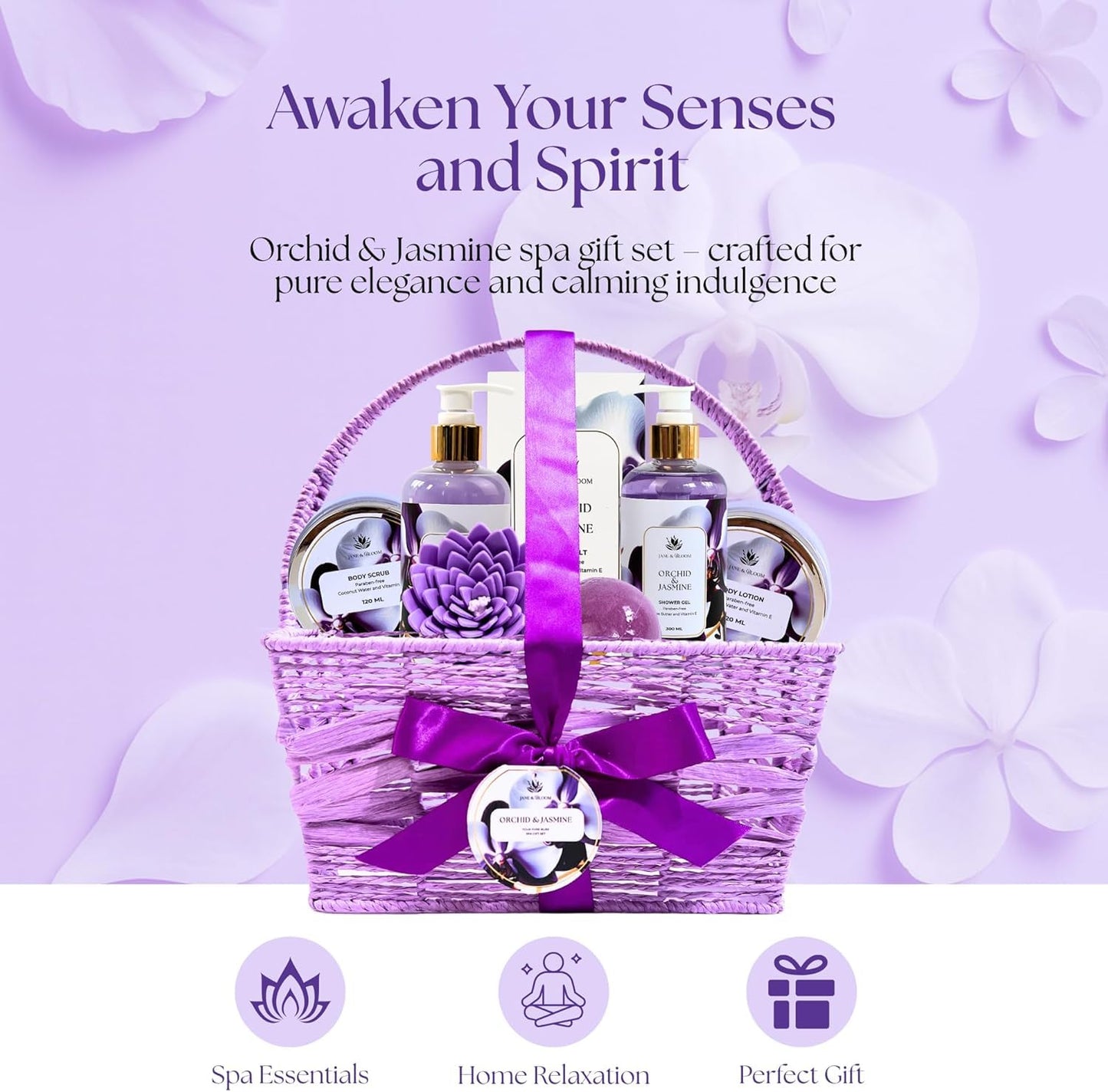 Christmas Bath Spa Gifts for Women - 9-Piece Luxury Bath & Body Set | Orchid & Jasmine Shower Gel, Bubble Bath, Lotion & More
