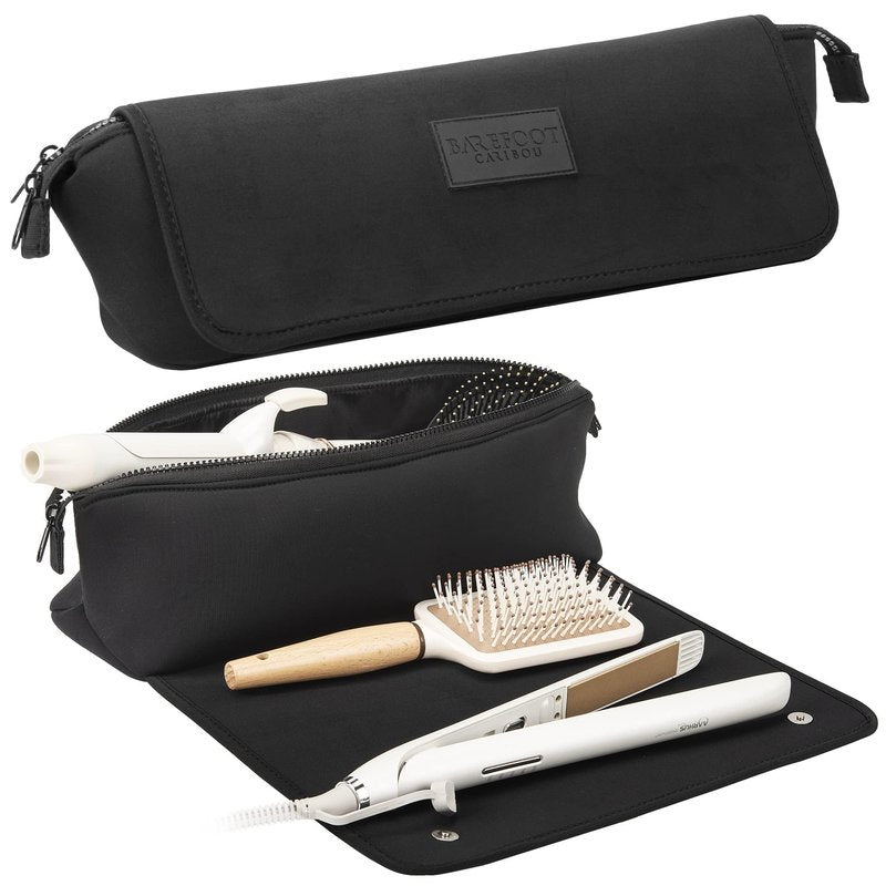 BAREFOOT CARIBOU Hair Tools Travel Bag and Heat Resistant Mat (15.5") for Flat Irons, Straighteners, Curling Iron, and Haircare Accessories, 2-in-1 design, Interior Pockets, Portable Organizer (Black)