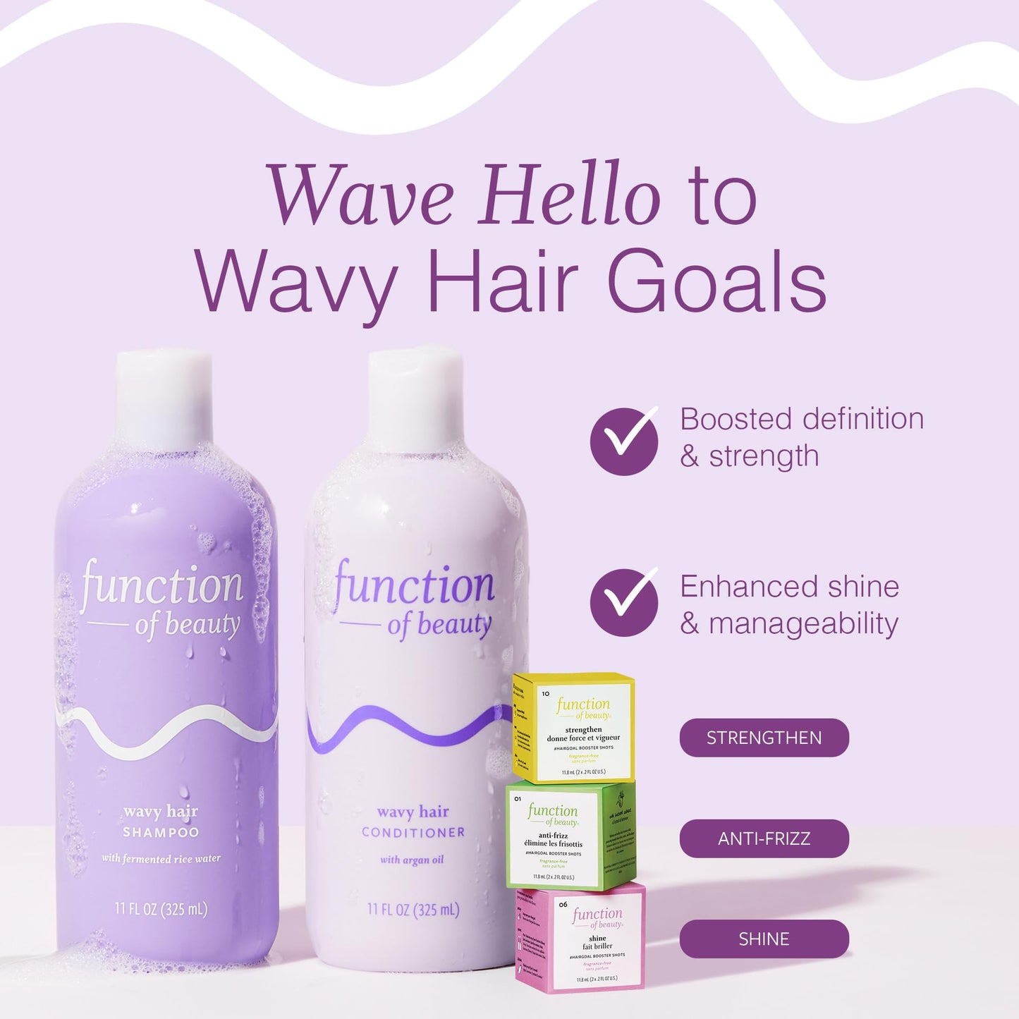 Function of Beauty Wavy Hair Set with Shampoo, Conditioner & Add-In Booster Treatment - Shine, Strengthen & Anti-Frizz Booster Shot to Enhance Shampoo, Conditioners & Hair Care Products