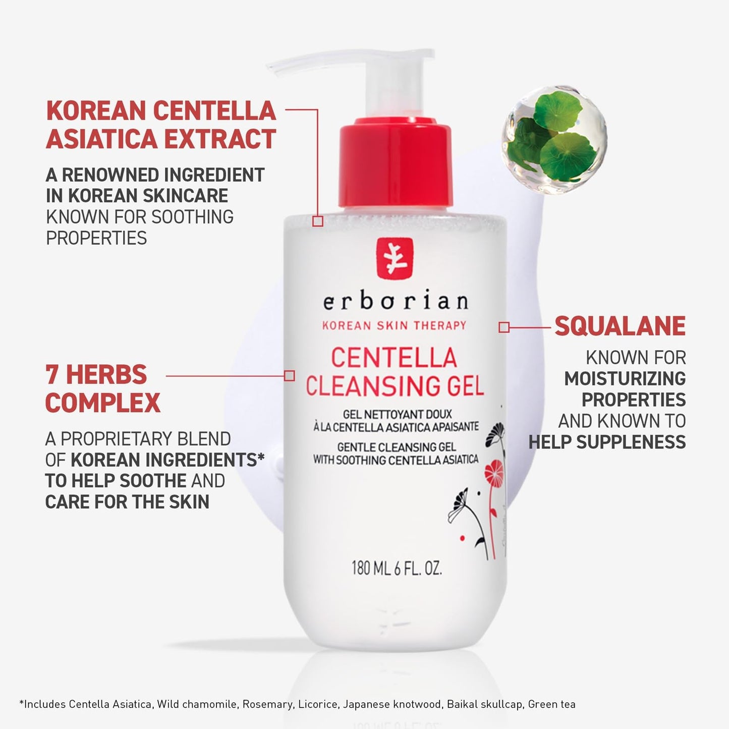 Erborian Centella Cleansing Gel Soothing Face Wash, Calms, Clears Pores, Removes Impurities, Balances & Hydrates Skin, Non‑Stripping, Korean Skincare