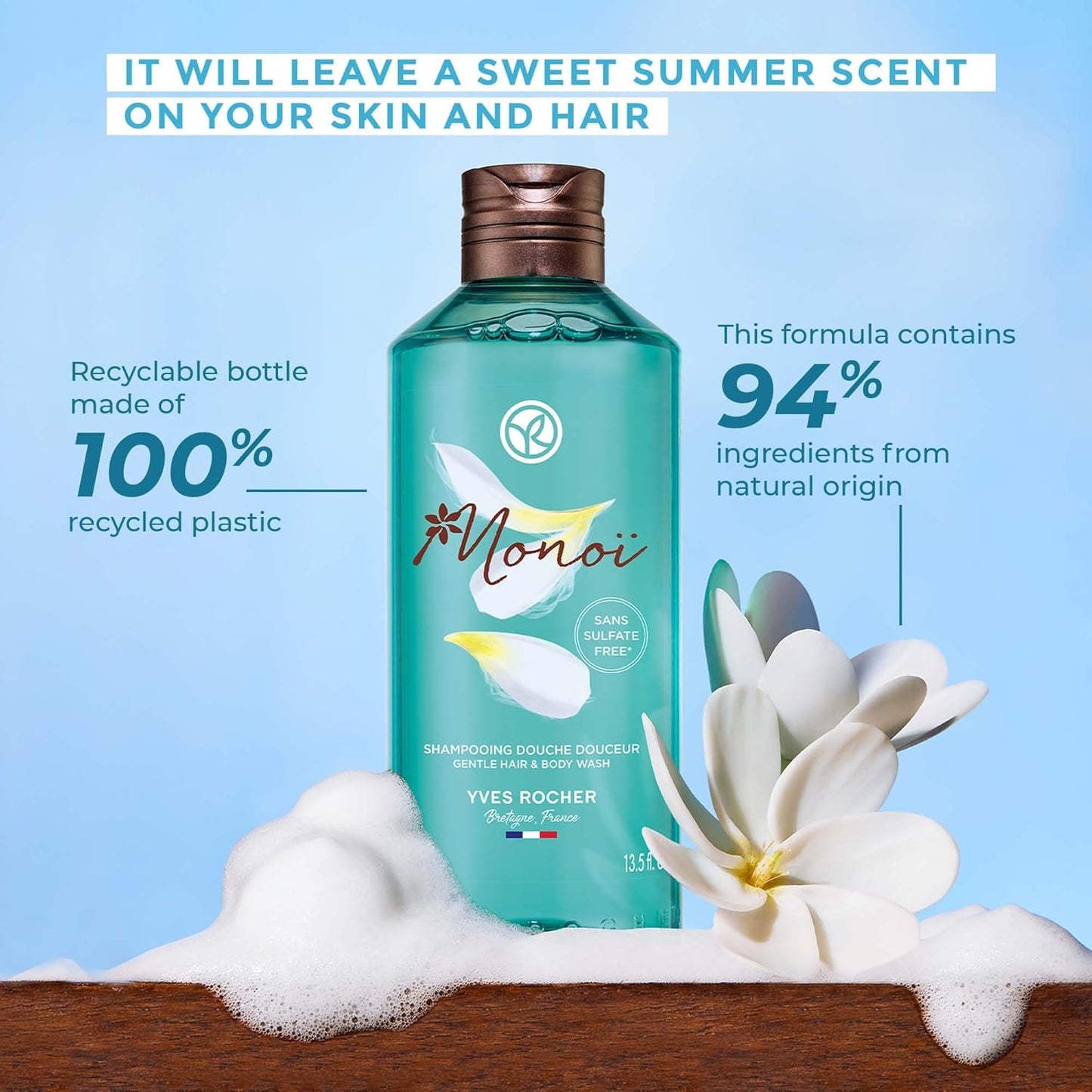 Yves Rocher Monoï Hair and Body Wash - 2 in 1 Gentle Cleanser | 13.5 fl oz
