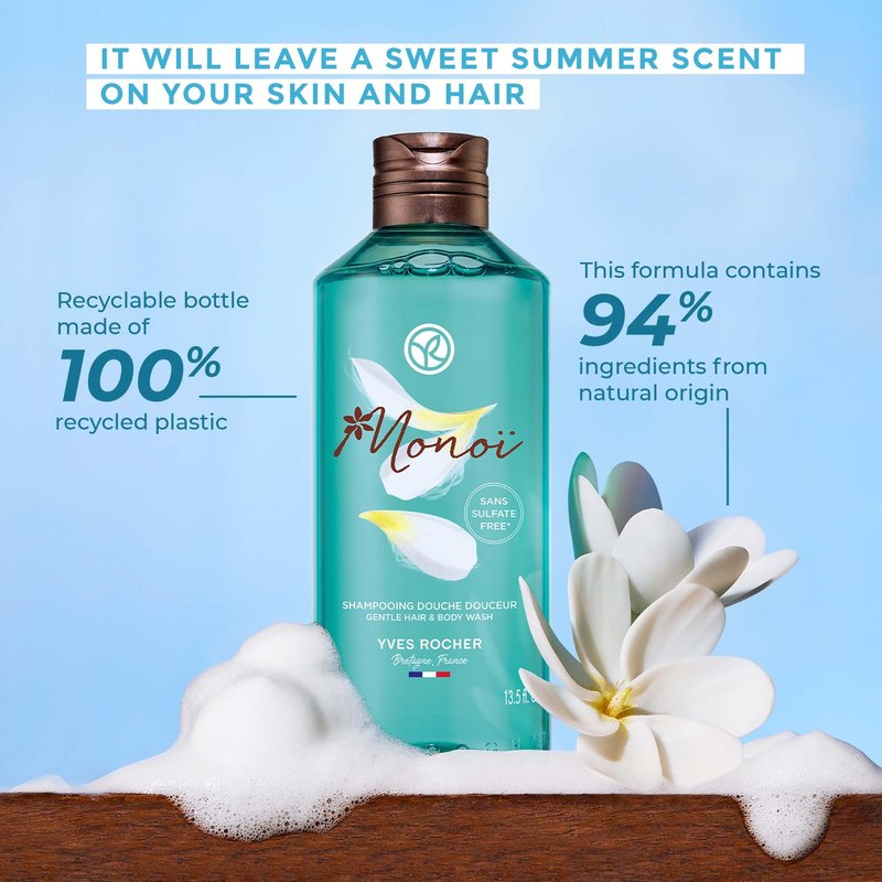 Yves Rocher Monoï Gentle Hair and Body Wash | 2 in 1 Hair & Body Cleanser | 13.5 fl oz
