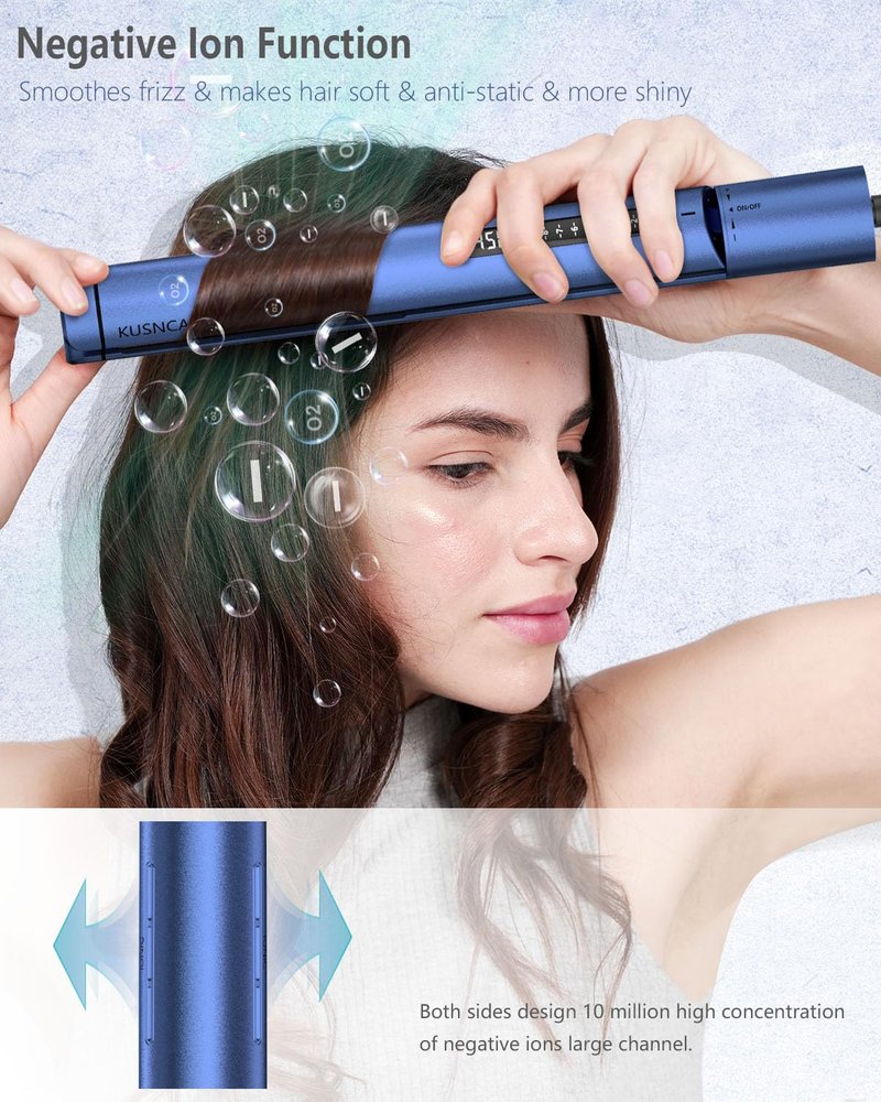 KUSNCA Professional Titanium Flat Iron, Hair Straightener and Curler Iron 2 in 1, Negative Ion Straightening, Dual Voltage Travel Pack, Front Anti-Scald Function, LCD 230°F-450°F, 1 Inch (Blue)