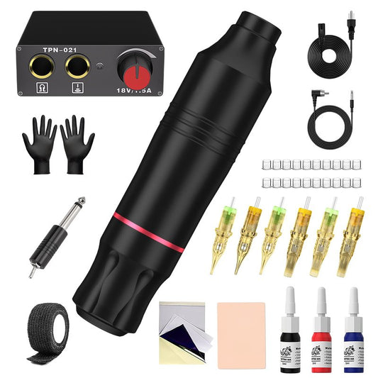 Tattoo Gun Kit for Beginners, Rotary Pen with Power Supply, Professional Ink Kit, Switch & Pigment, Light Tattoo Gun 6 Pcs Cartridge Needles, Complete Starter Set (Black)
