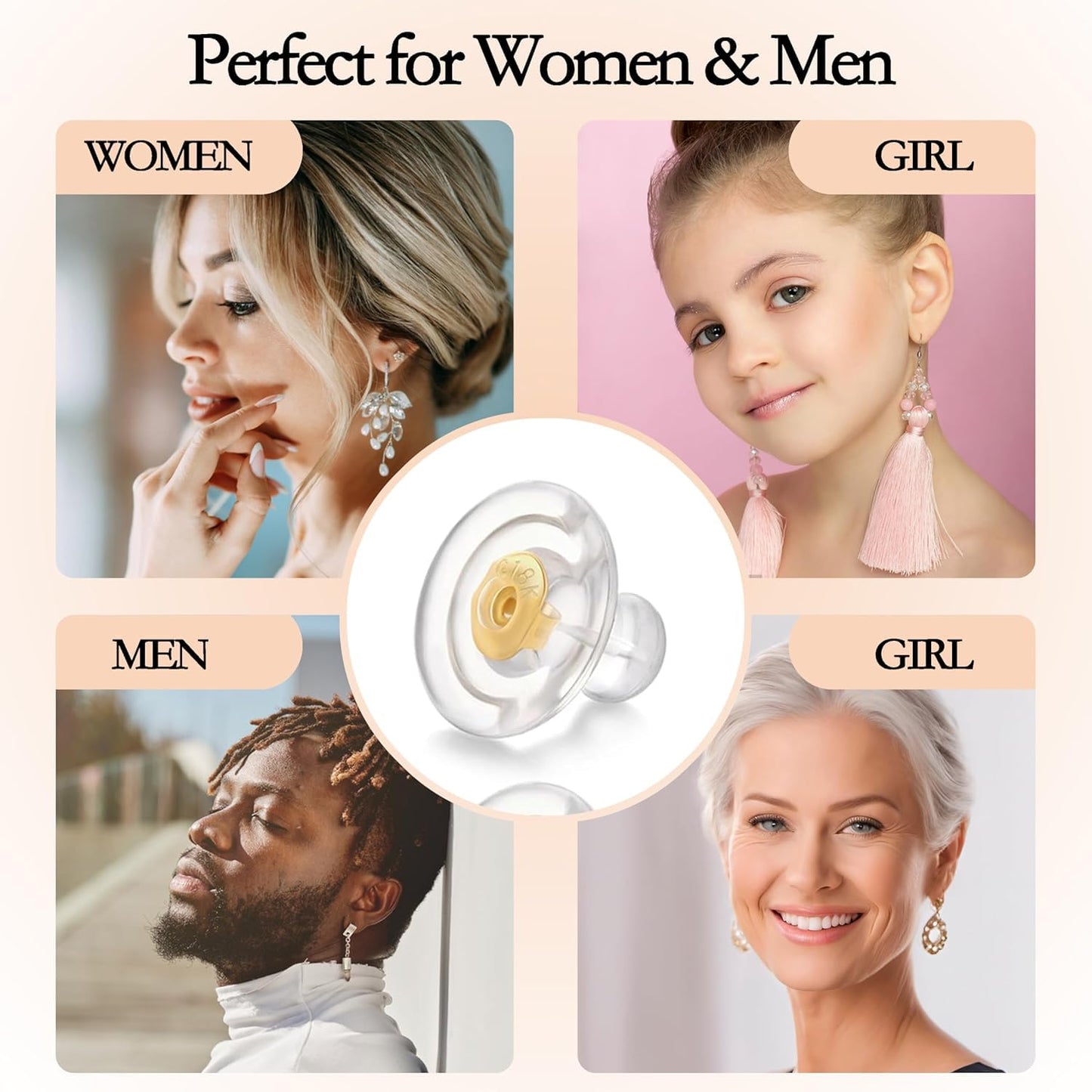 Earring Backs,18K Gold Silicone Earring Backs Replacements,6 Pcs Hypoallergenice Silicone Earring Backs for Studs/Droopy Ears(Gold)