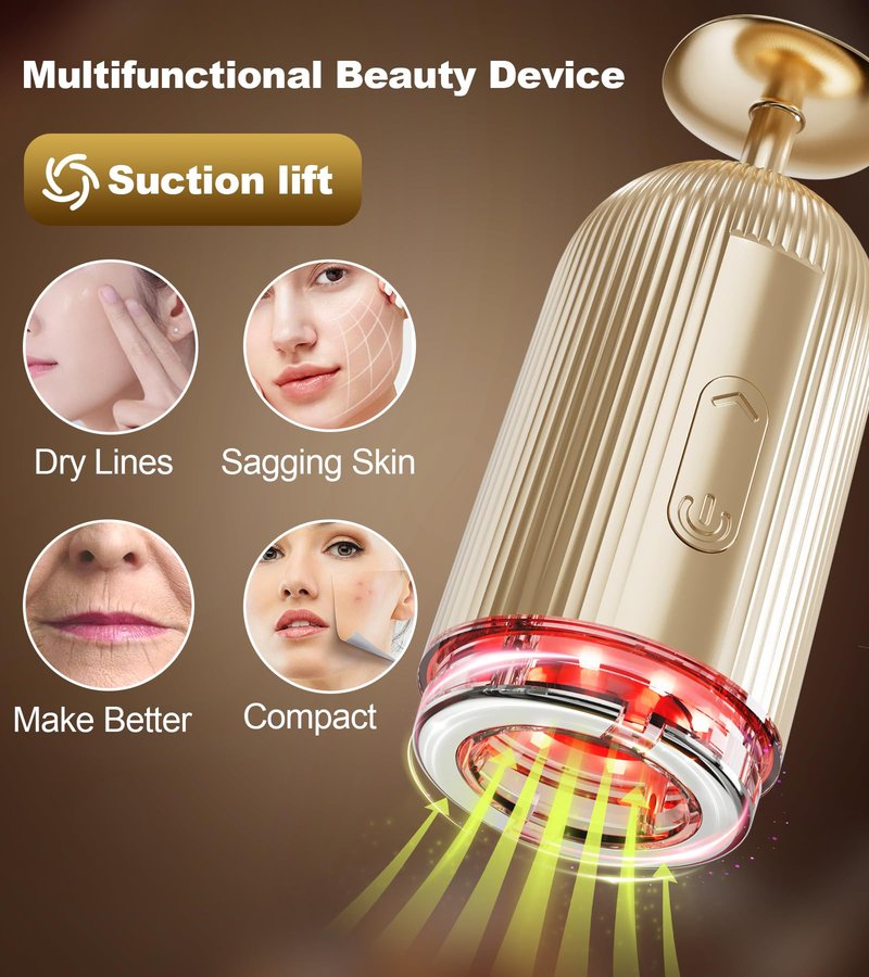 Face Massager Tool with Suction Shot 2026, 4 Color Facial Red Light Therapy, Beauty Device for Face, Face Massager for Double Chin & Lifting & Wrinkle Reduction, Portable Skin Care Tools, Rose Gold