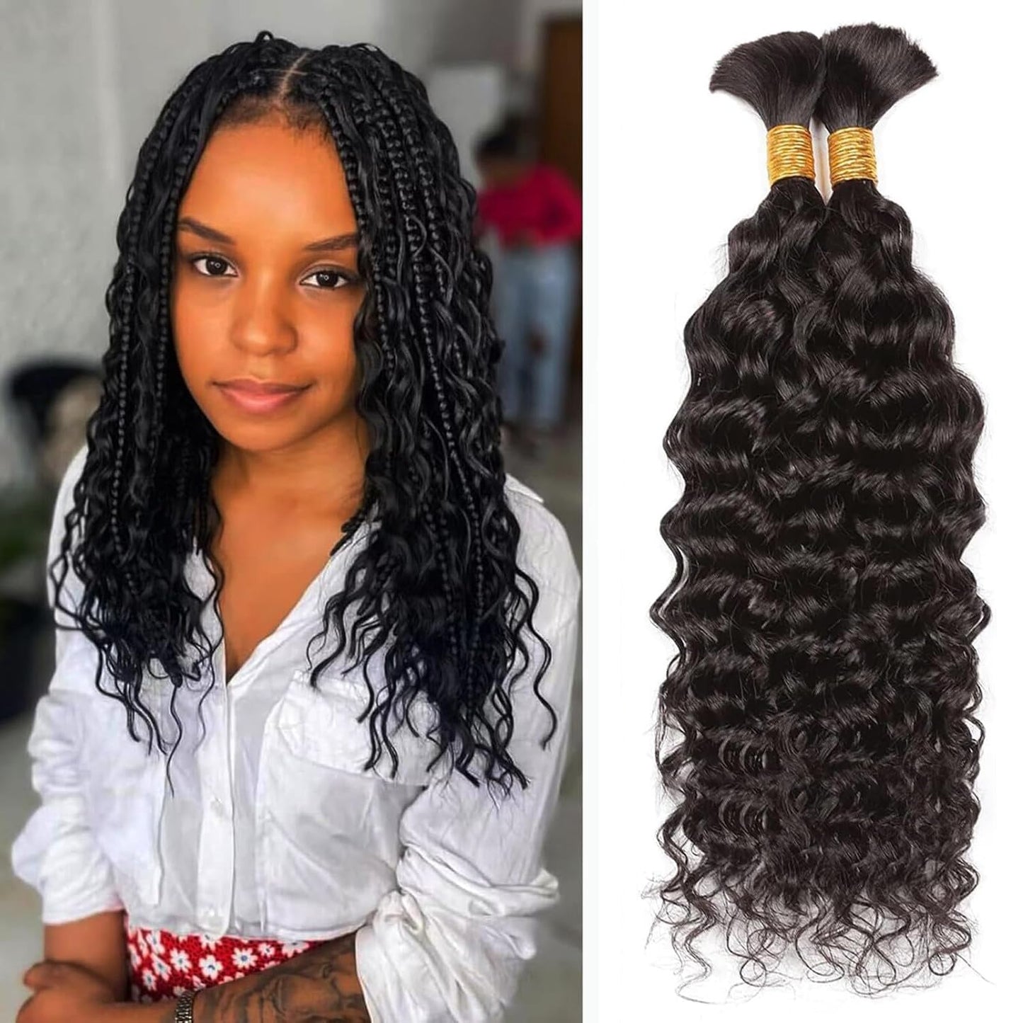 Human Braiding Hair For Boho Braids Deep Water Wave Bulk Human Hair for Braiding 12A Wet and Wavy Curly 100% Human Hair Extensions 1 Bundle 50g Natural Color 24inch