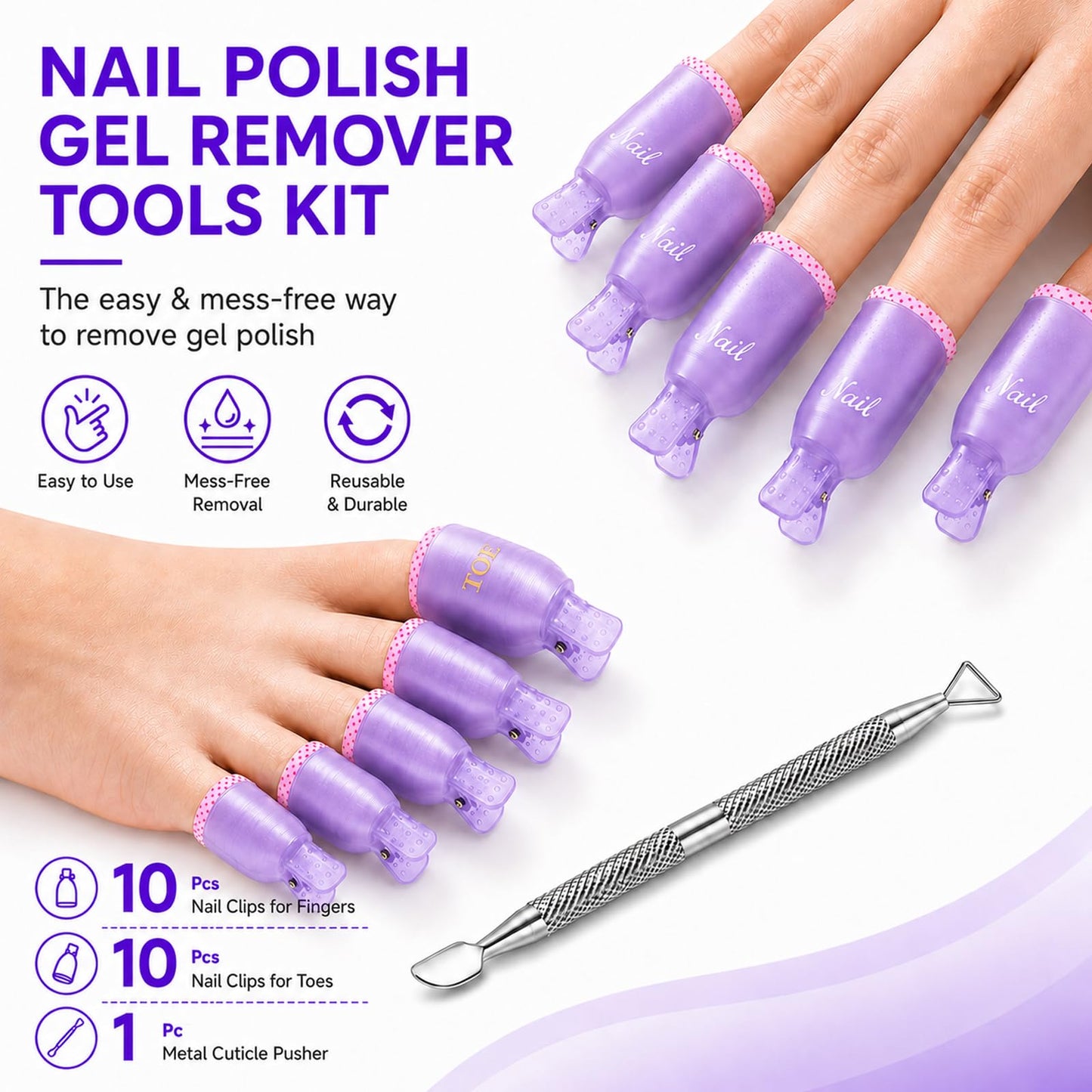 Makartt Nail Polish Remover Clips Kit, 20PCS Reusable Nail Soak Off Clips for Fingers & Toes, Acrylic & Nail Remover Tools, Double-Ended Cuticle Pusher, Fast, Mess-Free Gel Removal at Home or Salon