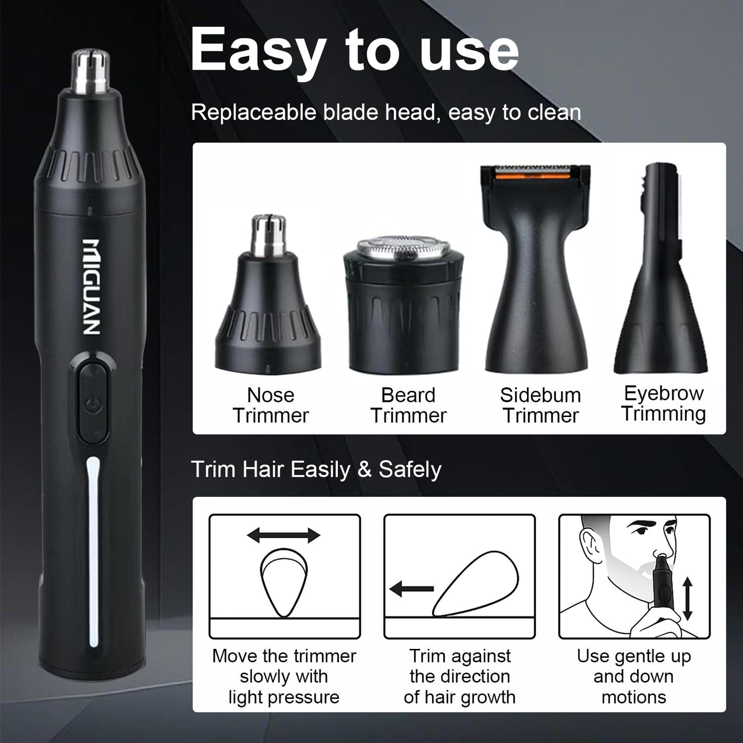 Fululuer Nose Hair Trimmer for Mens and Women | Rechargeable 4-in-1 Ear, Nose, Eyebrow & Beard Trimmers | 8500 RPM | USB Charging | Washable, LED Indicator (Matte Black)