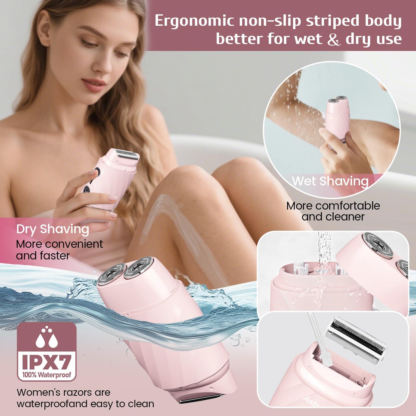 Asbyte 4-in-1 Electric Razor for Women, Bikini Trimmer & Facial Hair Remover, Rechargeable Cordless Dual-Head Shaver, IPX7 Waterproof, Painless & Hypoallergenic for Sensitive Areas, Pink