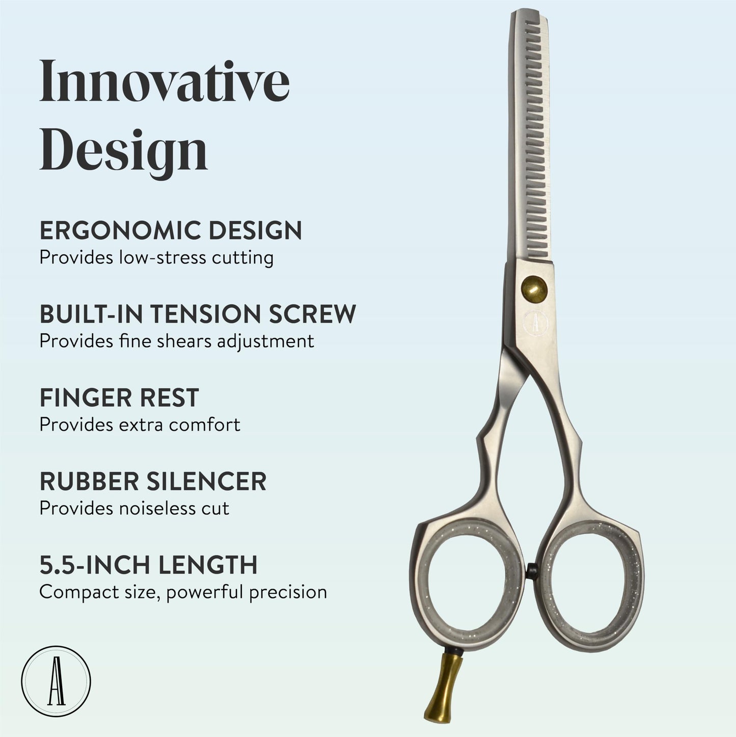 ANDUSTRIAL - Professional Hair Cutting And Thinning Scissors/Shears For Men/Women/Home/Salon - Premium High Carbon Steel Quality - Smooth And Sharp - Double Notch - 5.5 Inch, Silver