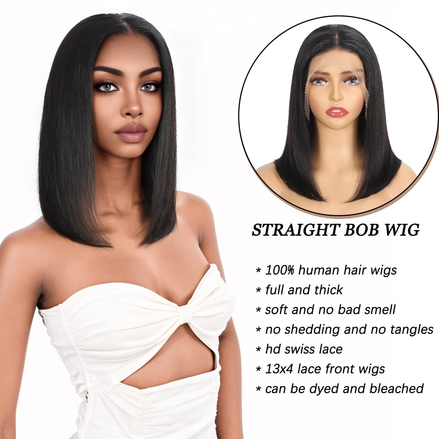 KULYMUWIG Straight Bob Wig Human Hair 13x4 HD Lace Front Wigs for Black Women 180% Density 12A Glueless Bob Wigs Human Hair Pre Plucked with Baby Hair 12 Inch Bob Human Hair Wig Natural Black