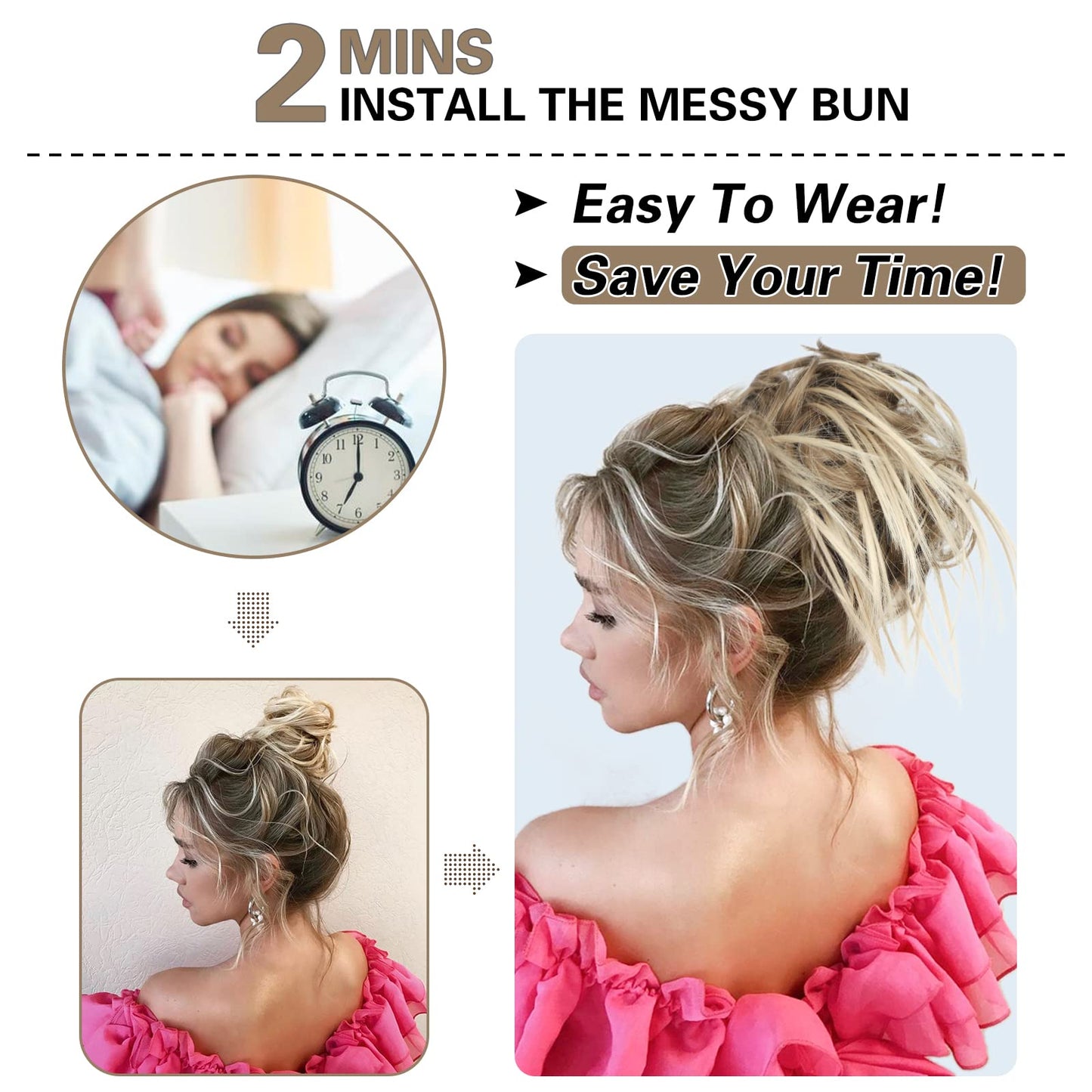 HMD 5 Pieces Messy Hair Bun Hairpiece Tousled Updo for Women Hair Extension Ponytail Scrunchies with Elastic Rubber Band Long Updo Messy Hairpiece Hair Accessories Set for Women（18TH85）
