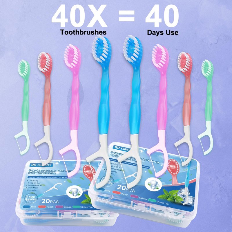 40Pack Mini Disposable Toothbrushes 5-in-1 Portable Pre-Pasted Travel Toothbrush with Toothpaste Tongue Scraper Floss Pick Individually Wrapped Box Small Prepasted Travel Toothbrush for Kids Adults
