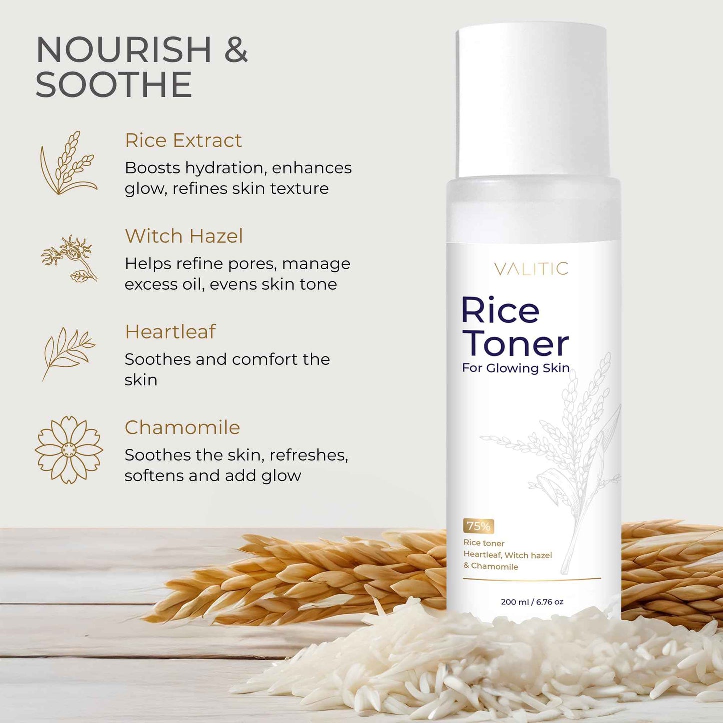 VALITIC Rice Toner - 75 Rice Extract Milky Toner for Face with Niacinamide, Heartleaf, Witch Hazel and Chamomile Essence - Facial Glass Skin Hydrating Skin Care - 200 ml, 6.76 fl oz