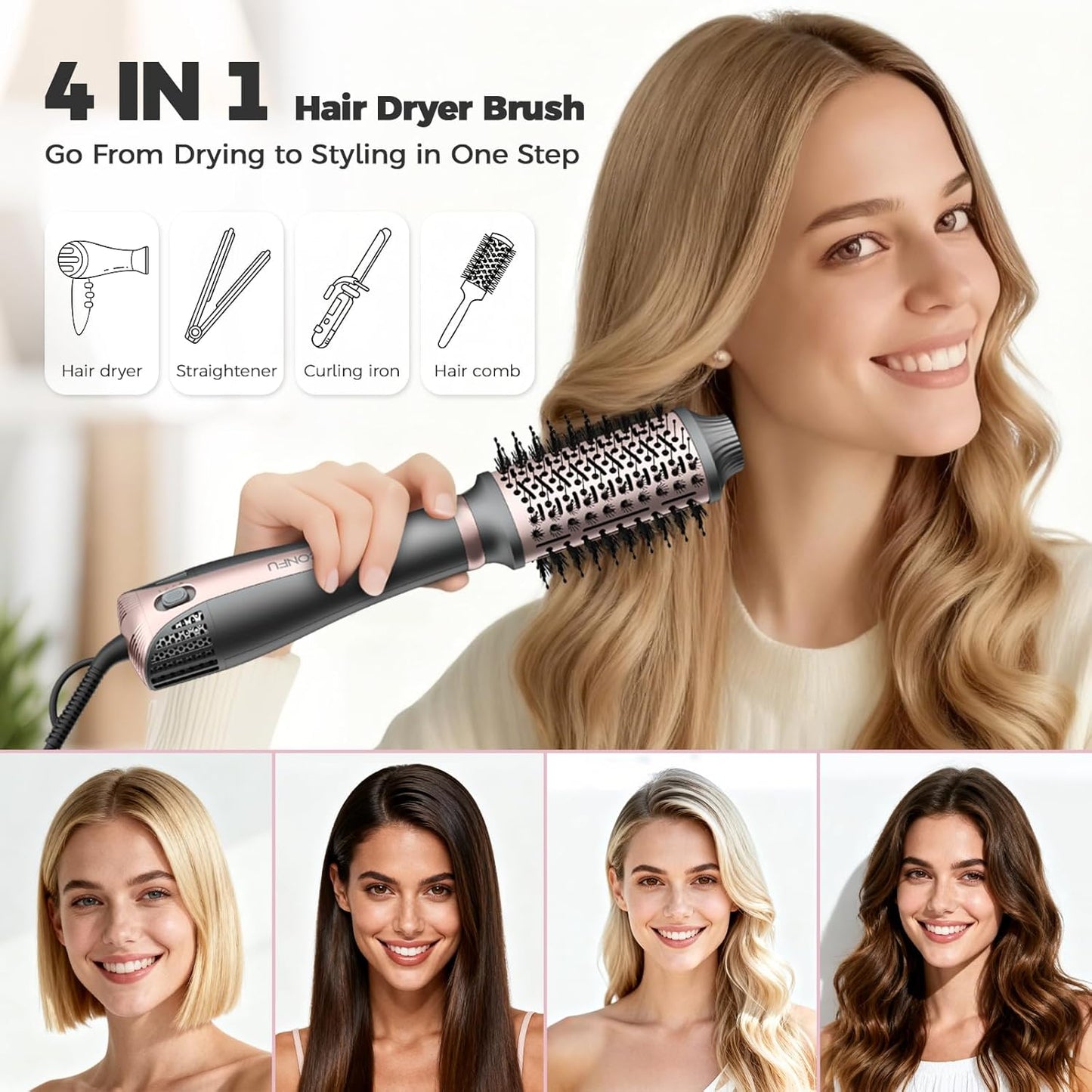 CONFU Blow Dryer Brush - 4-in-1 Hot Air Styling Tool for Frizz-Free Volume | Drying, Straightening, Curling