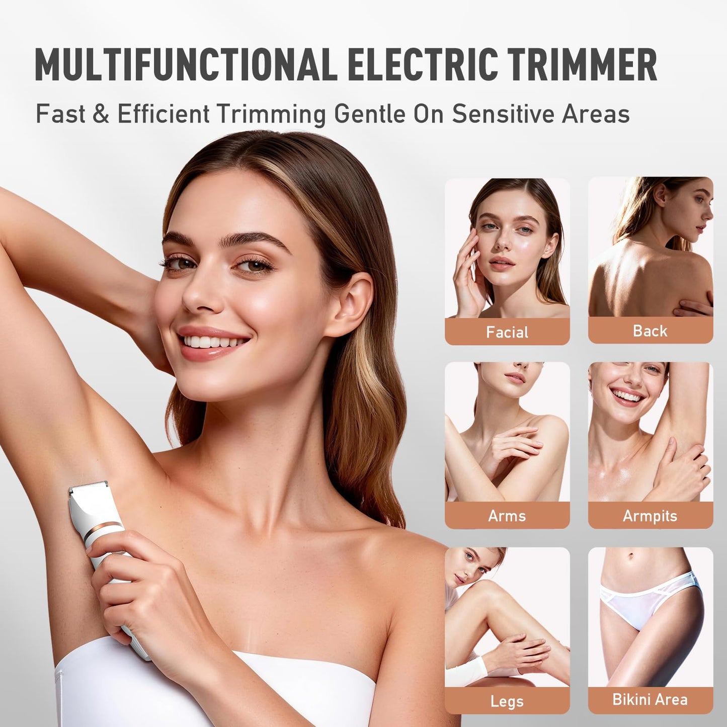 Crolanli Bikini Trimmer for Women, 3-in-1 Electric Razor, IPX7 Waterproof Ceramic Blades, Wet & Dry Use, LED Display, Painless Shaver for Bikini, Face, Underarms, Legs, Home Travel (White)