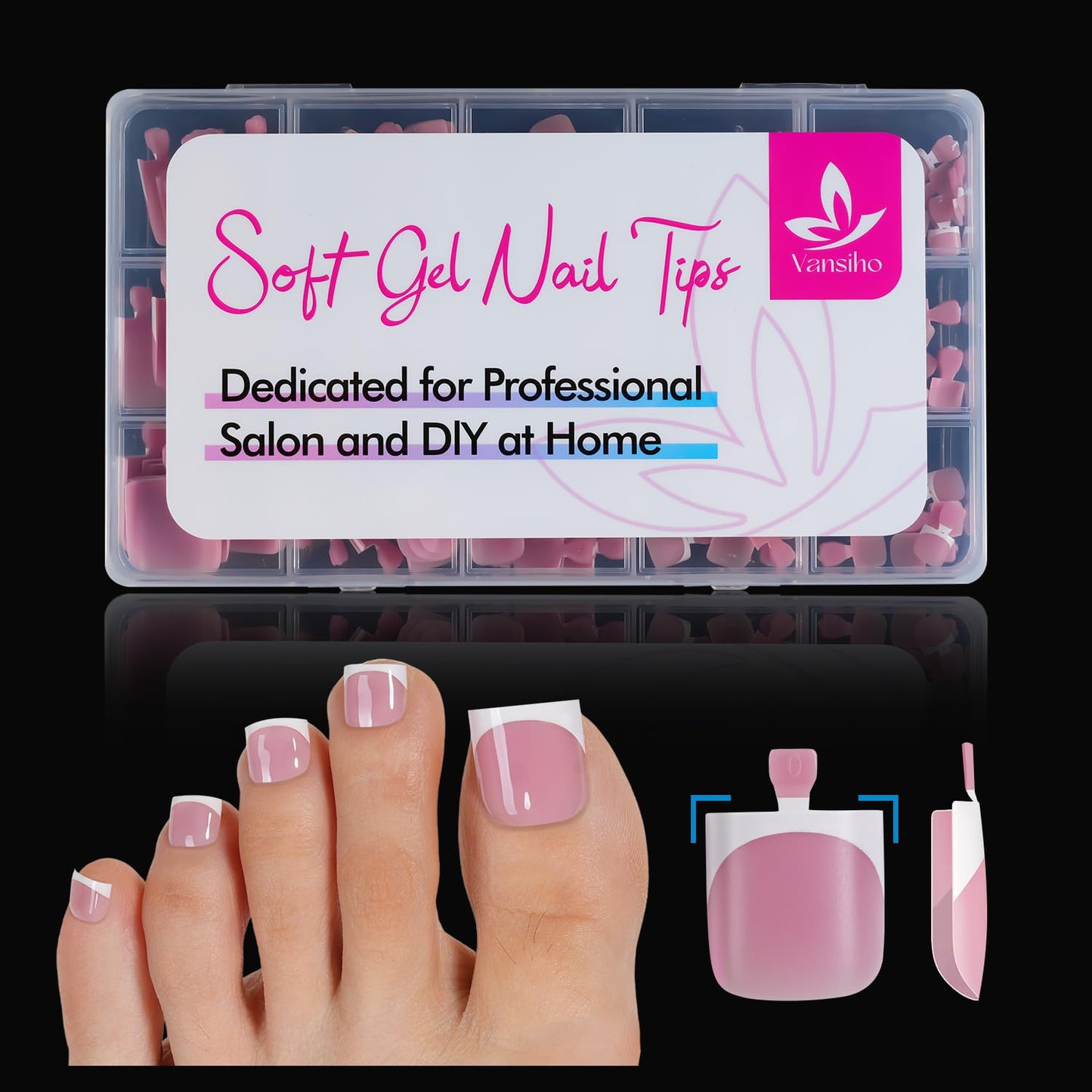 Vansiho French Tip Press-On Toenail Set - 150 Pcs Soft Gel Acrylic Nail Tips | Pink & White, 15 Sizes