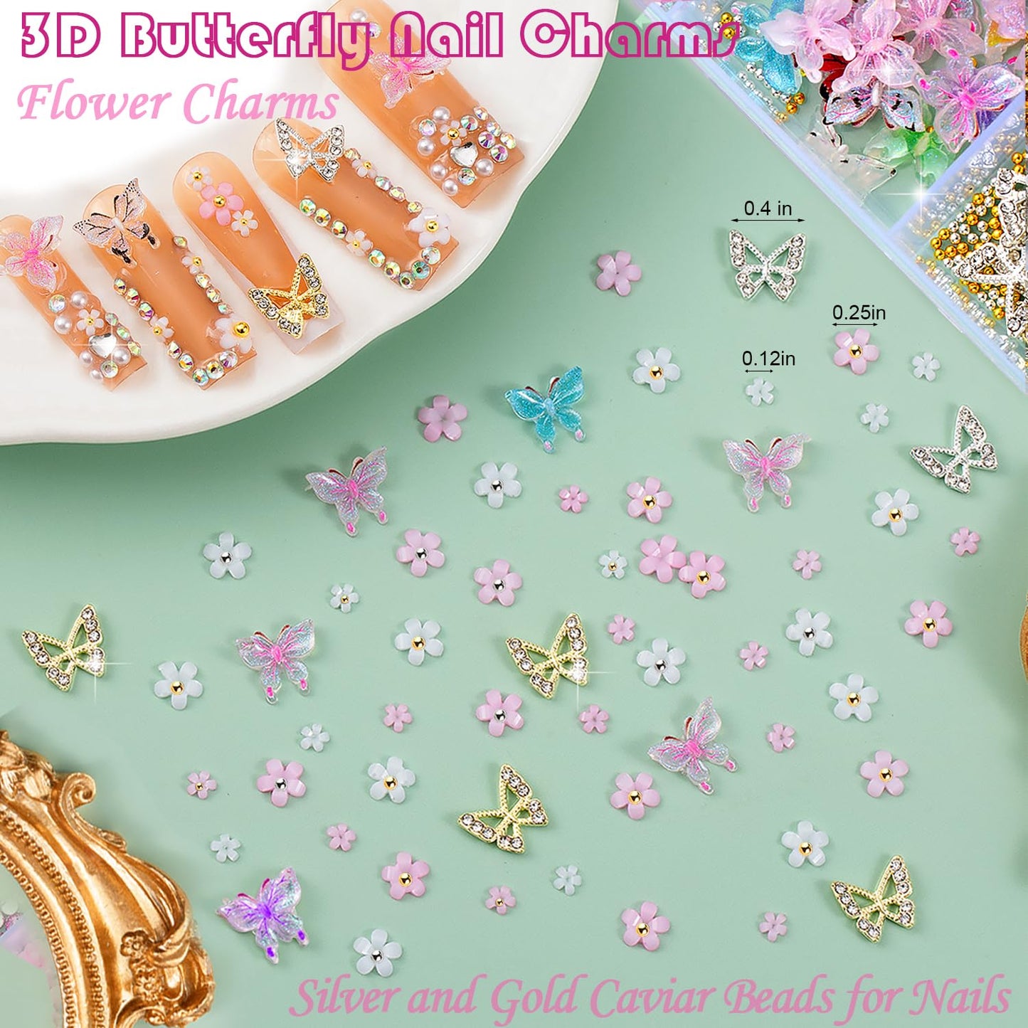 10000pcs Nail Charms and Gems:Pink Cute Bow Heart 3D Flower Charms for Junk Cases kit;Gold Chunky Butterfly Charms for Nails Design,nail jewels Diamond Rhinestones for Nails;Beads Pearls for Nails Art