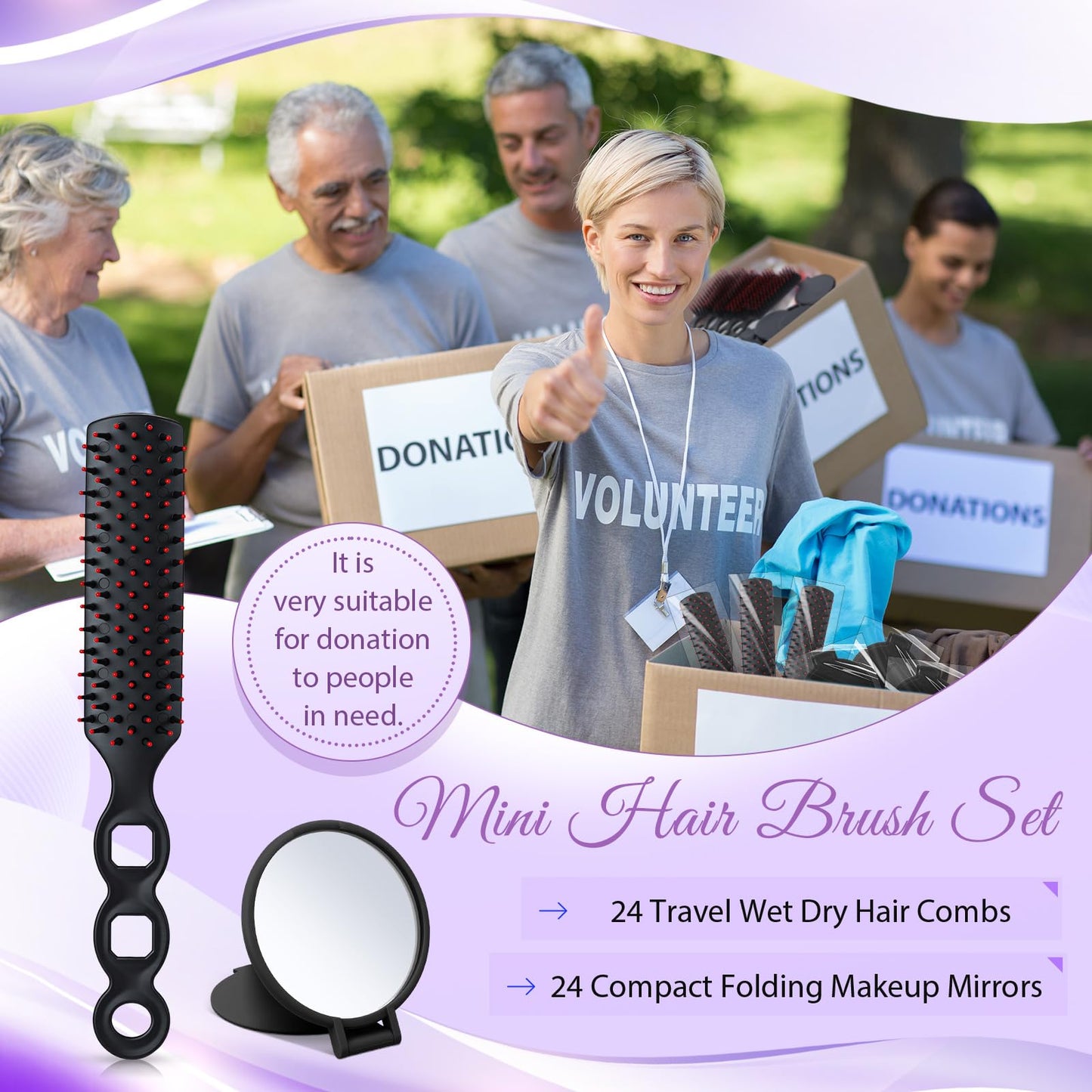 Ferrochef 48 Pcs Hair Brushes and Folding Mirrors Set for Homeless Include Bulk Mini Hair Combs and Mini Portable Round Pocket Makeup Compact Mirror Spa Party Gift for Women for Purse Travel (Black)