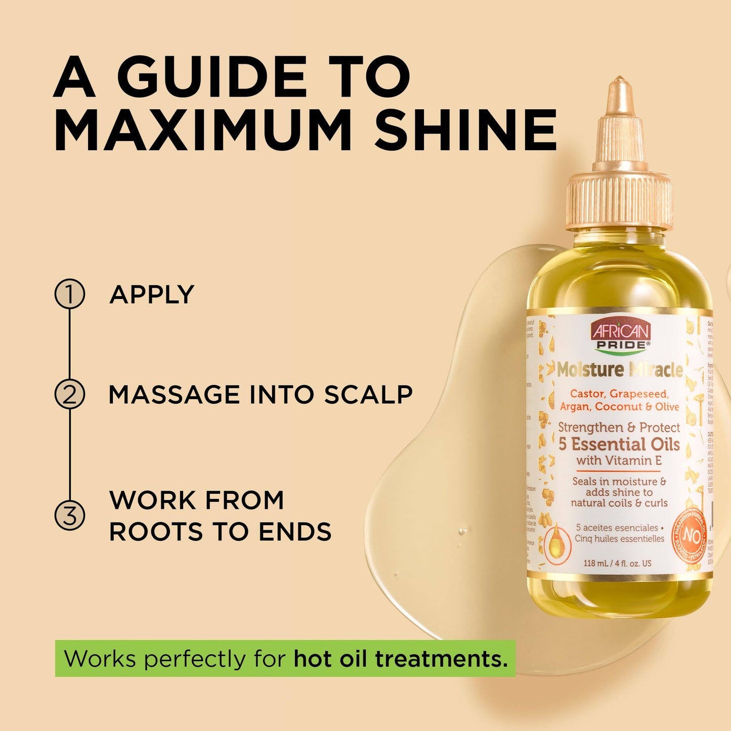 African Pride Moisture Miracle 5 Essential Hair Oils with Vitamin E (Pack of 3) | Moisture, Shine, Protection, and Growth | Argan, Castor, Grapeseed, Coconut, and Olive Oil | 4 oz