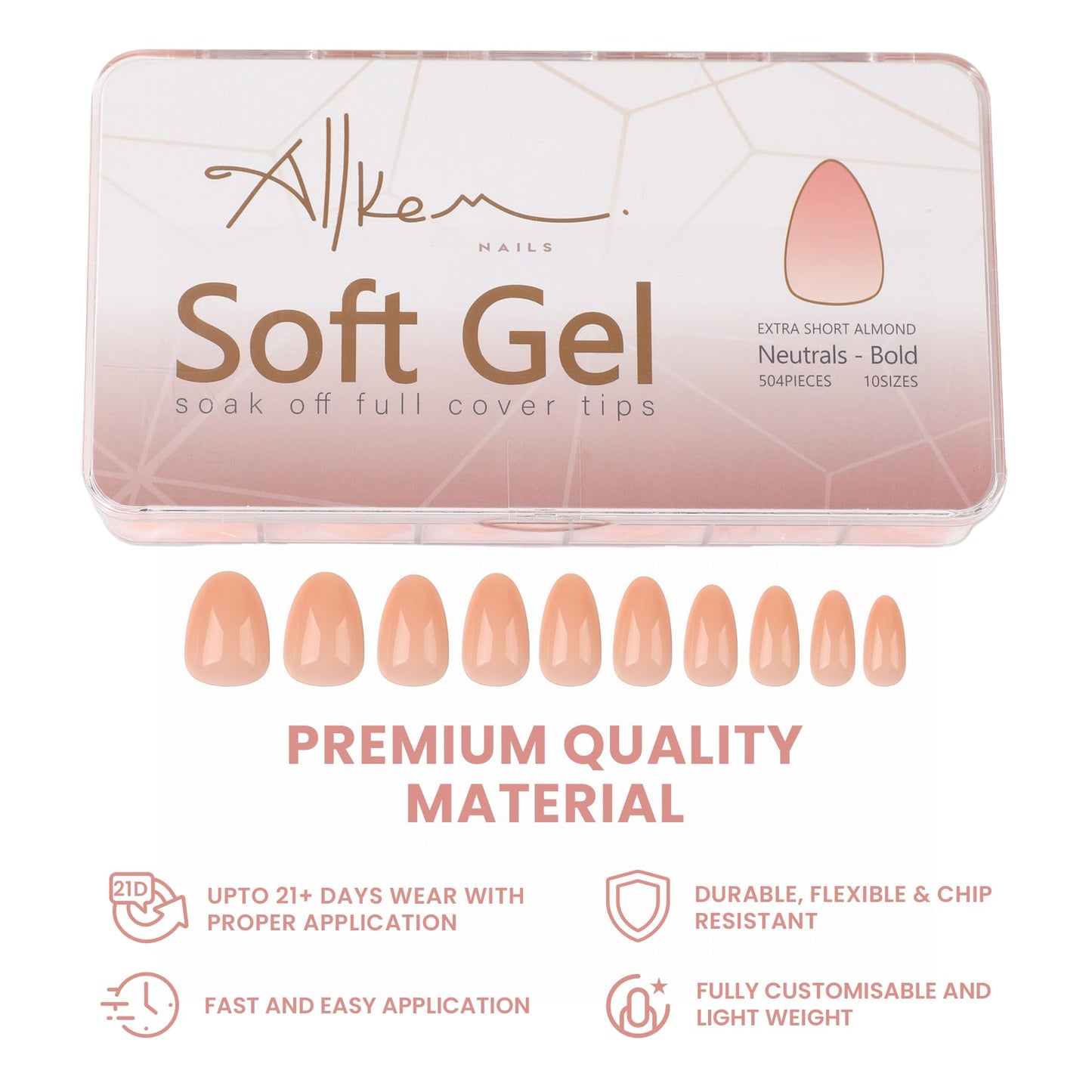 Allkem Soft Gel Nail Tips - Medium Short Almond Nail Extensions Kit - 12 Sizes Short Full Cover Nails - Neutrals - Bold (504 Pieces)